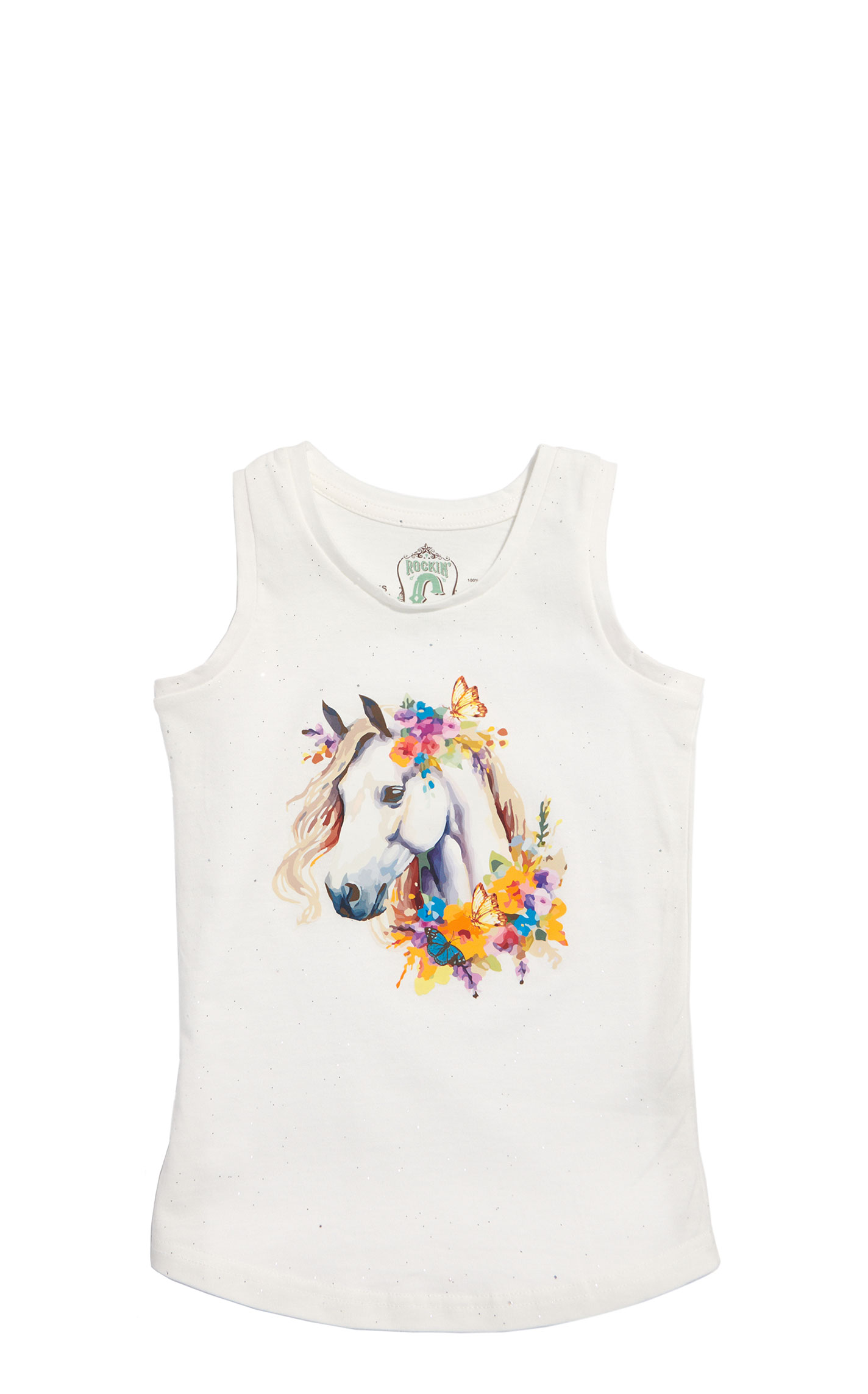 Rockin' C Girl's White Colorful Floral Horse Graphic Tank Top  - Image 1