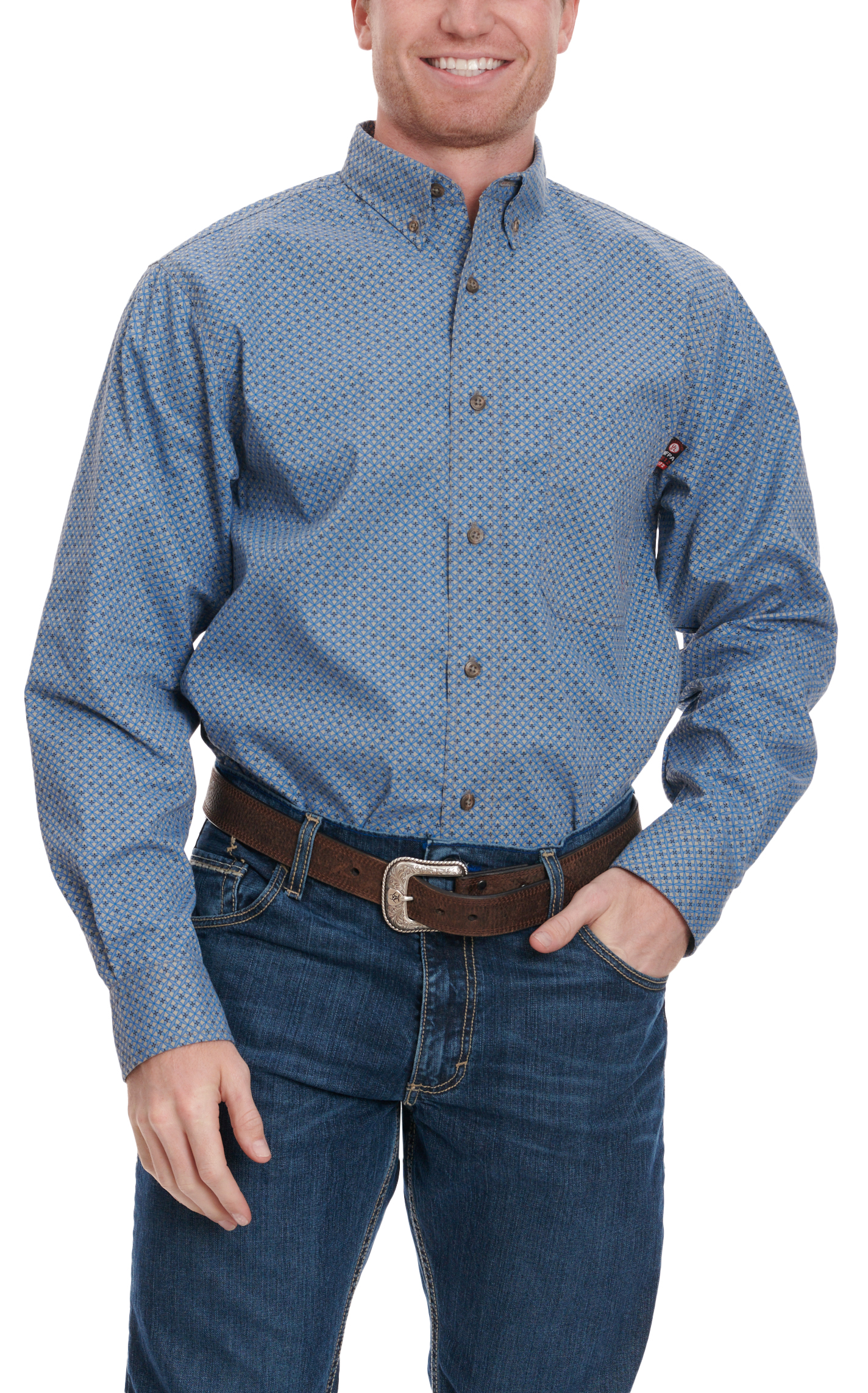 Forge Men's Gray Black & Cornflower Blue Geo Print Long Sleeve FR Work Shirt - Image 1