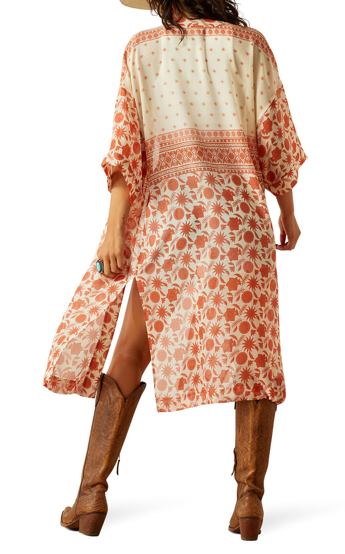Ariat Women's Paige Cream & Tangerine Floral Border Print Duster - Image 3