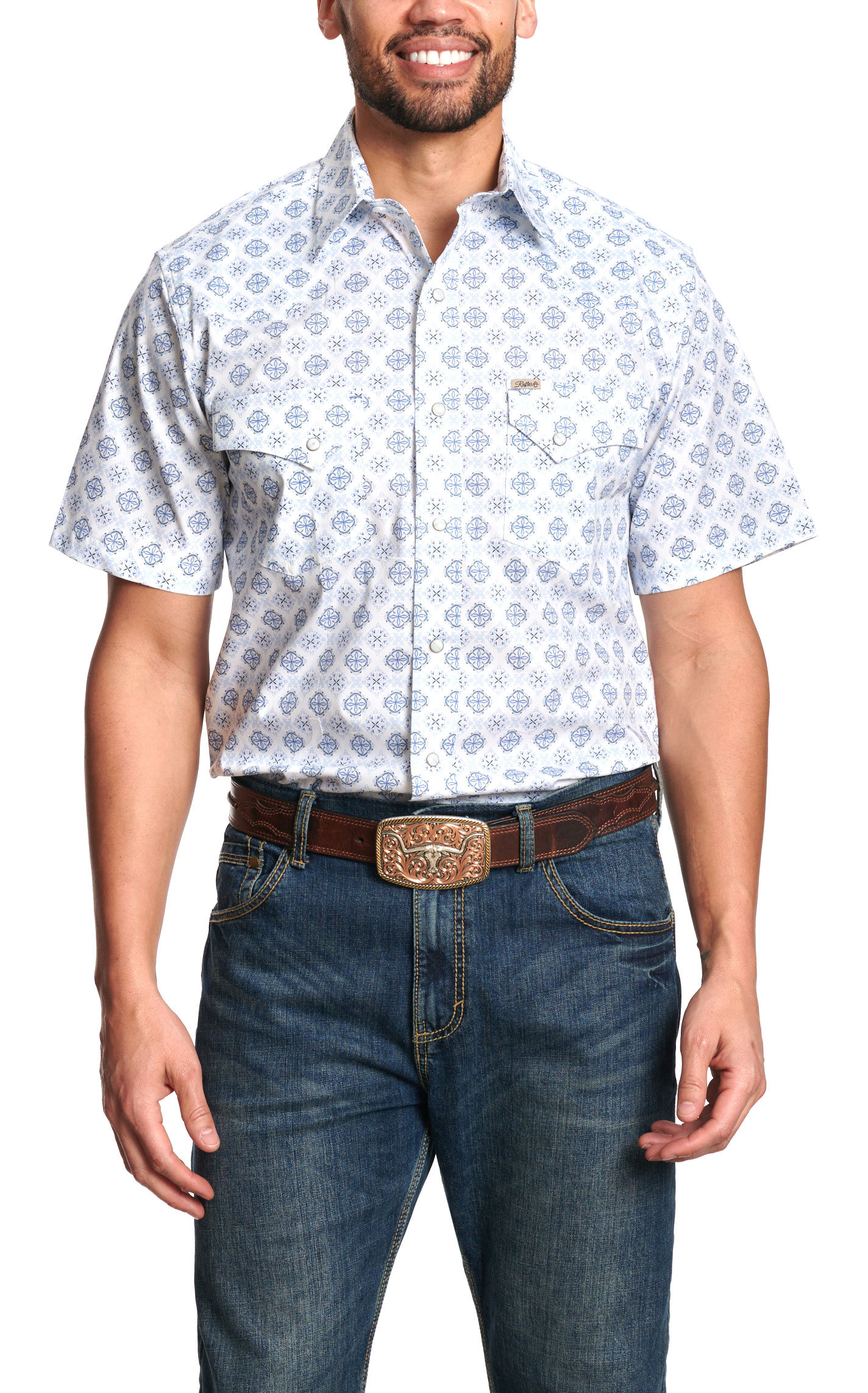 Rafter C Men's White & Blue Geo Print Short Sleeve Western Shirt - Image 1