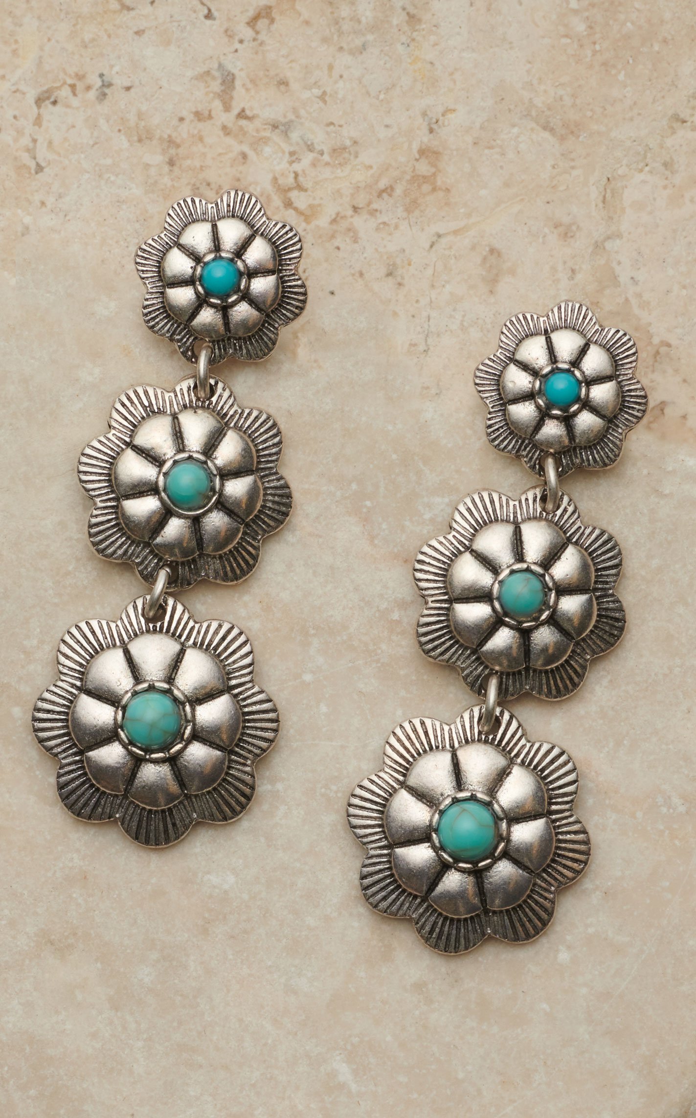 Rockin' C Women's 3 Silver Turquoise Center Flower Concho Dangle Earrings - Image 1