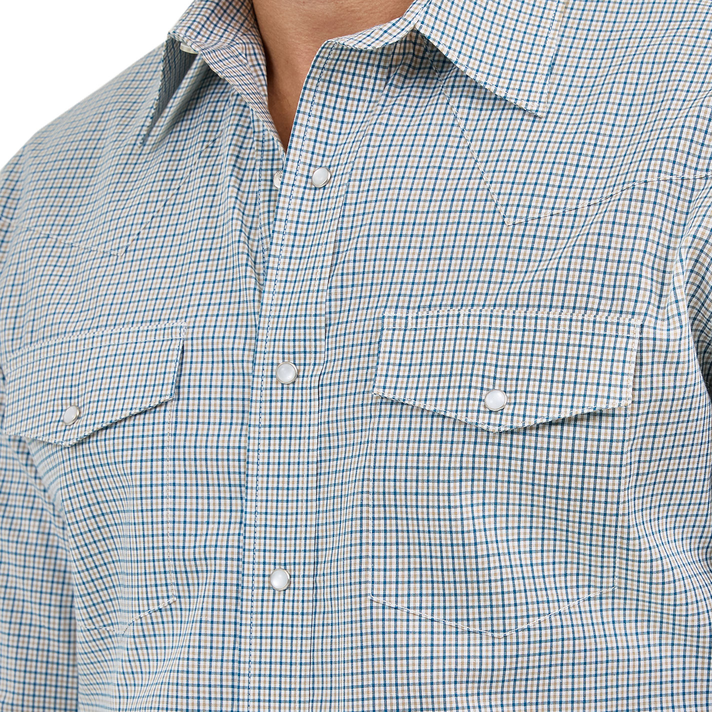 Wrangler Men's Blue & Latte Mini Plaid Print Western Shirt - Image 1