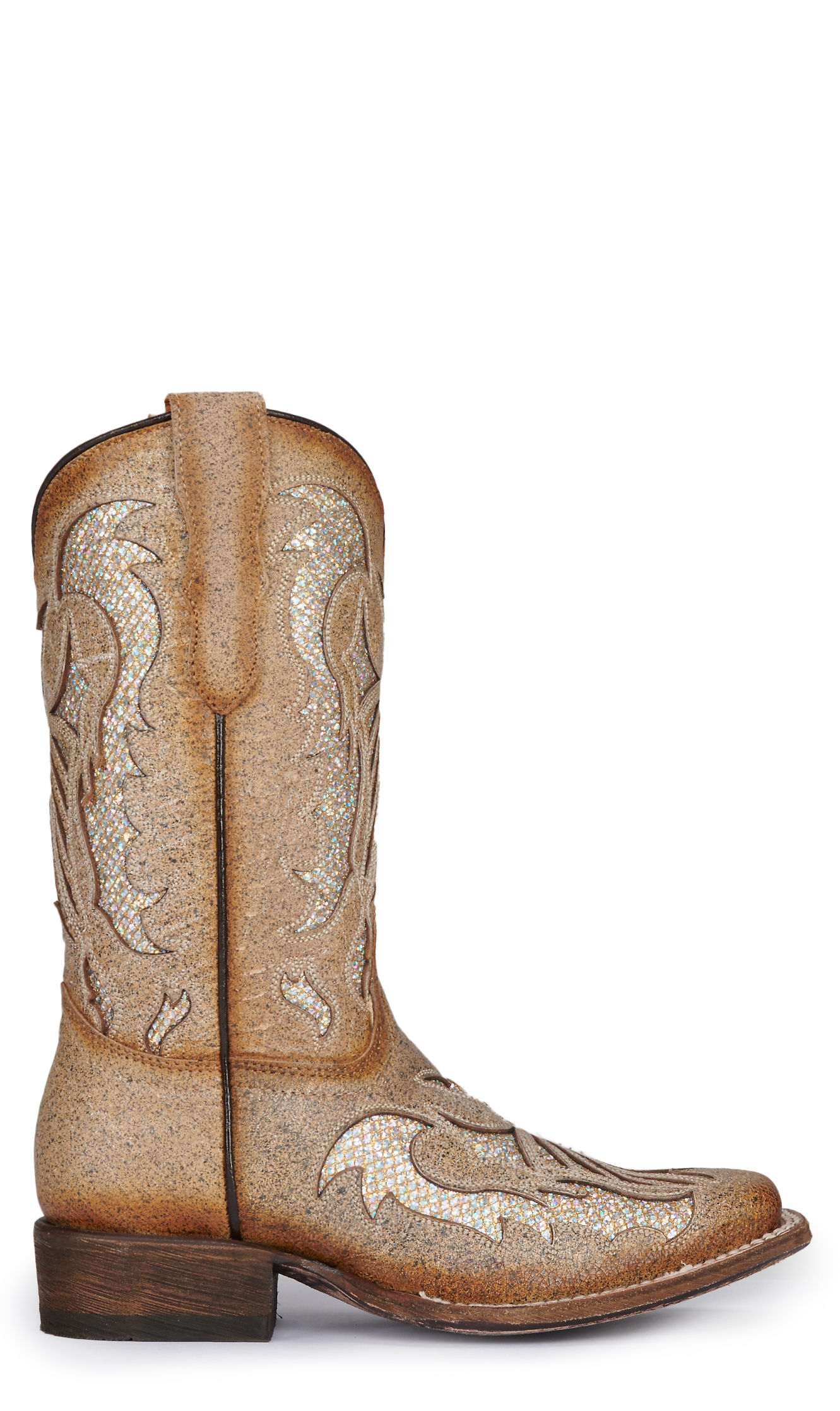 Corral Girl's Tan with Gold Glitter Inlay Square Toe Cowboy Boots - Image 1