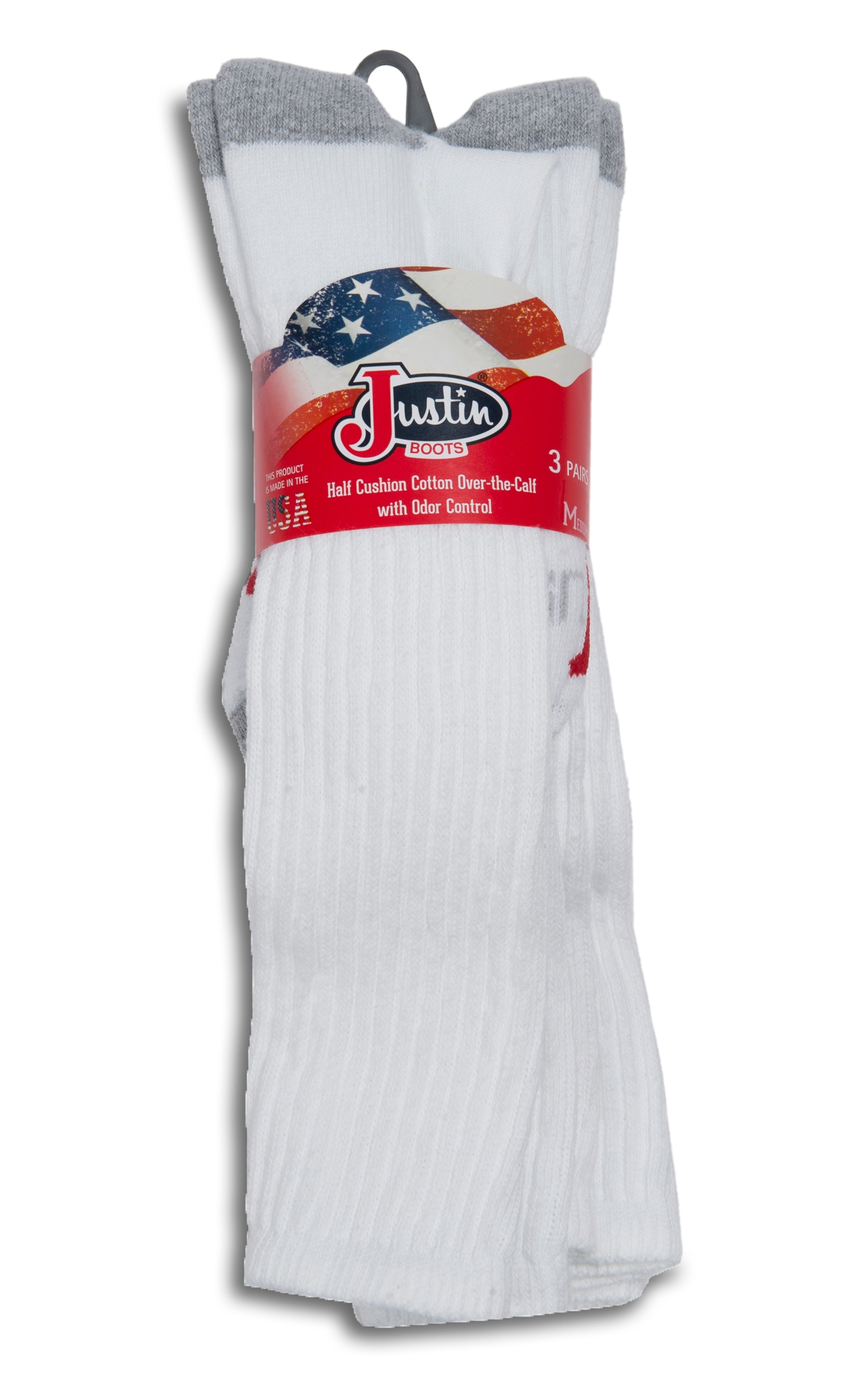 Justin Men's White Half Cushion Cotton Over The Calf with Odor Control 3Pk Boot Socks - M - Image 1