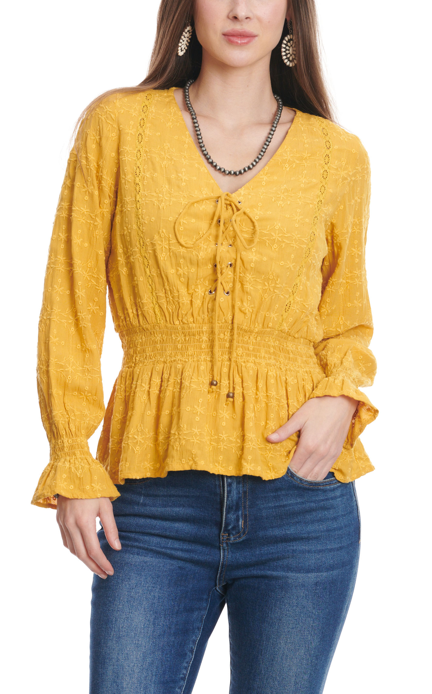 Rockin' C Women's Honey Mustard Eyelet Long Sleeve Top - Image 1