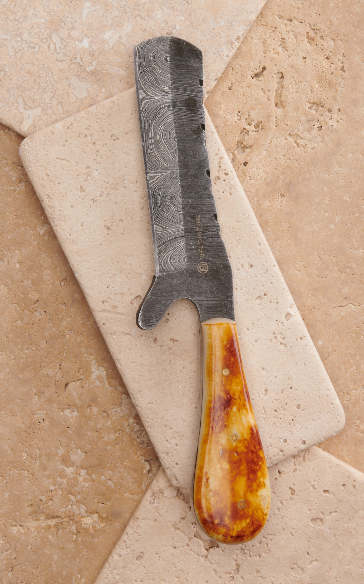 Circle SH Cutlery Damascus Blade and Burnt Bone Handle Castrations Knife with Leather Sheath - Image 1