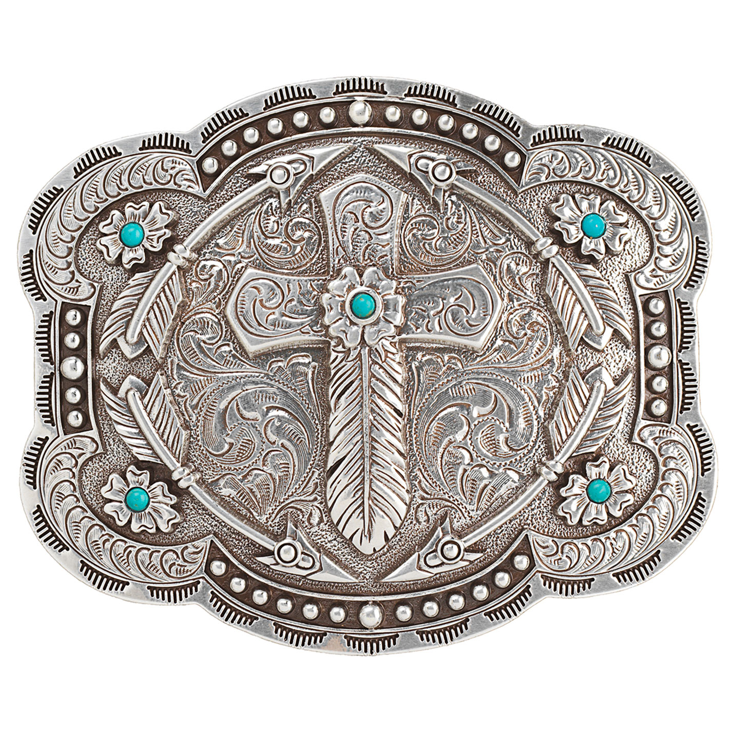 Blazin Roxx Silver Turquoise Feather Cross Scallop Buckle - Image 1