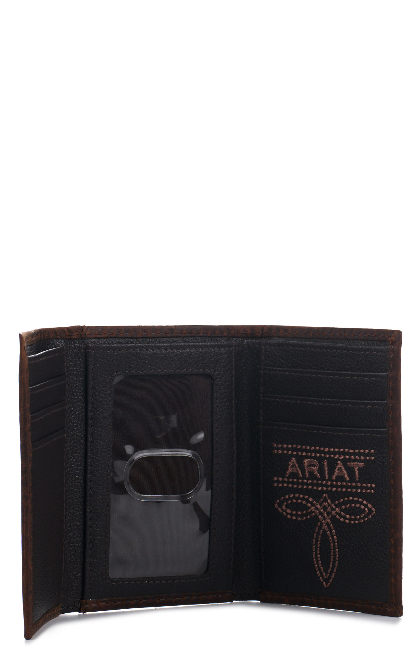 Ariat Men's Chocolate Bullhide & Shield Logo Trifold Wallet - Image 1