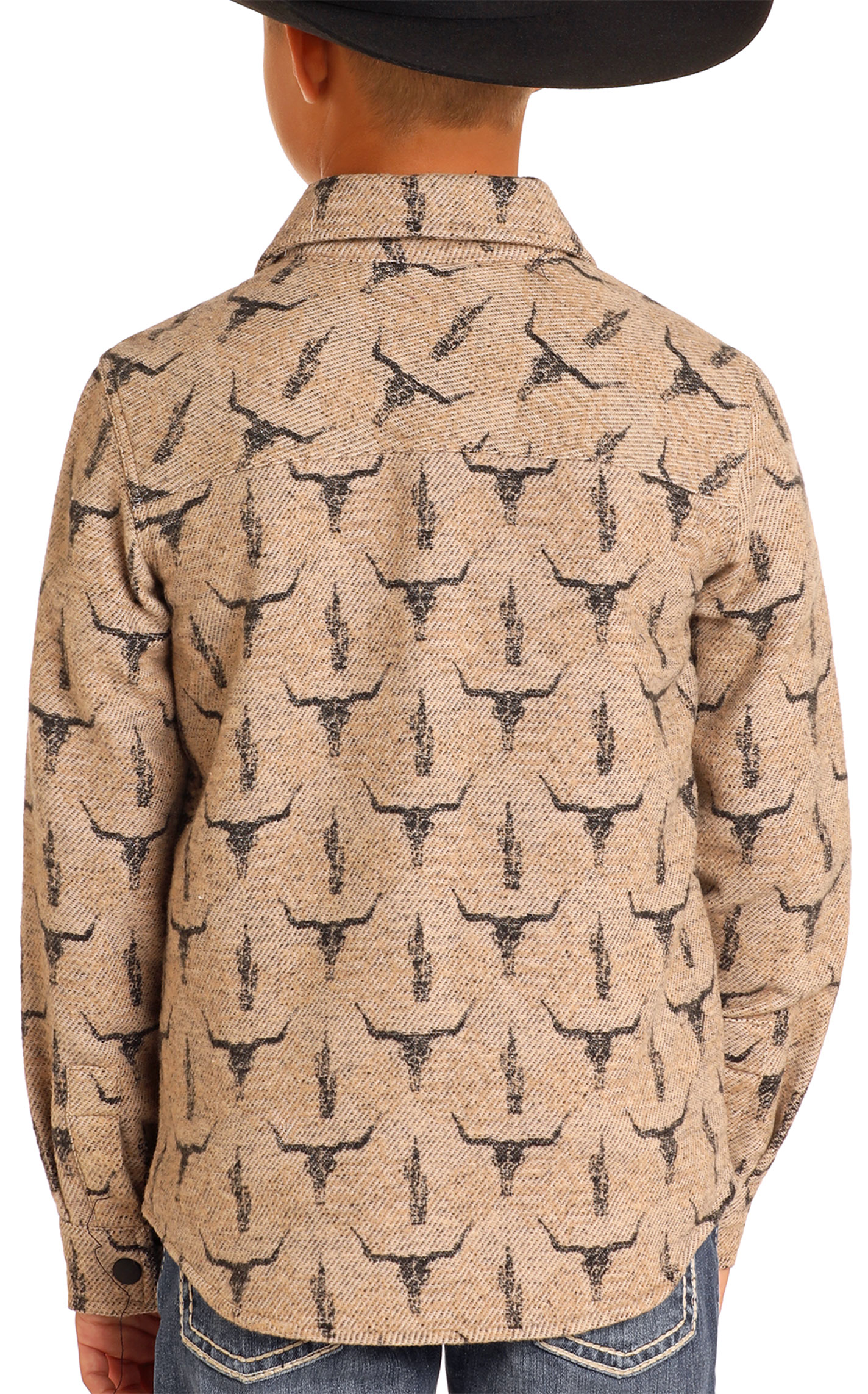 Rock & Roll Denim Boy's Tan Steer Skull Print Shacket - Image 1