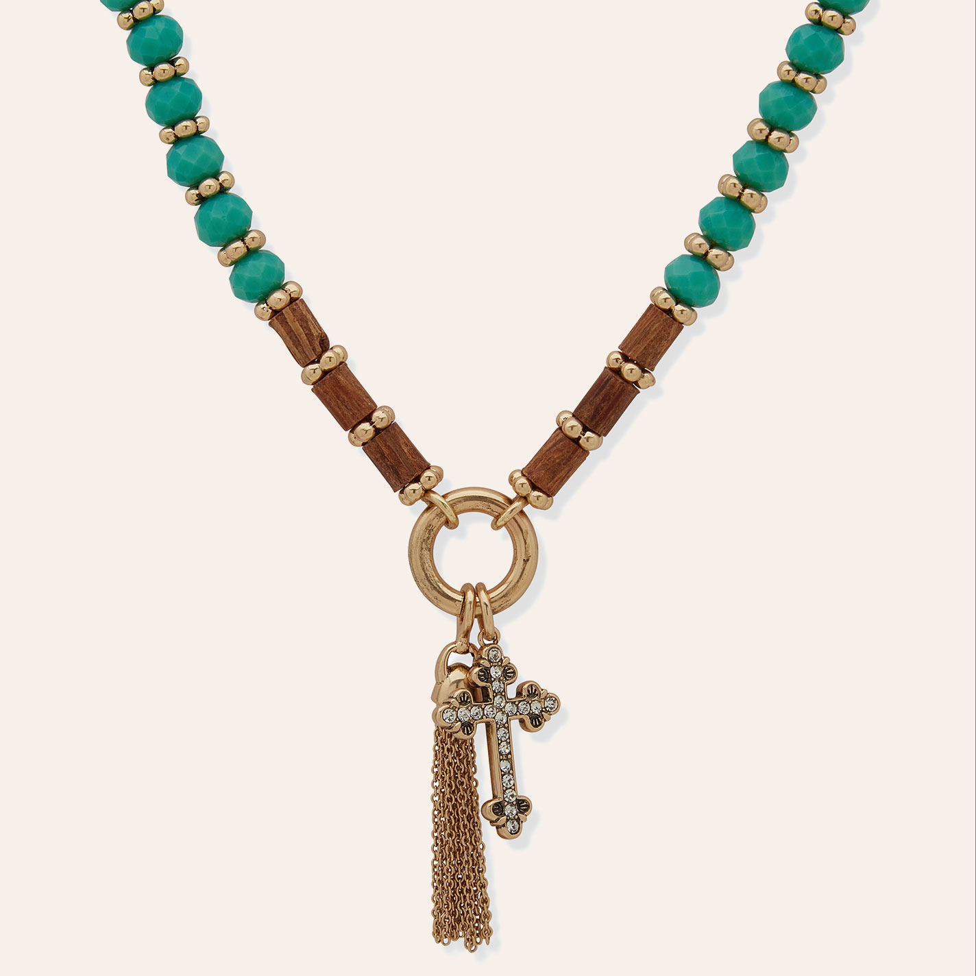 Lainey Wilson Turquoise & Gold Cross Pendant Beaded Boot Chain - Image 1