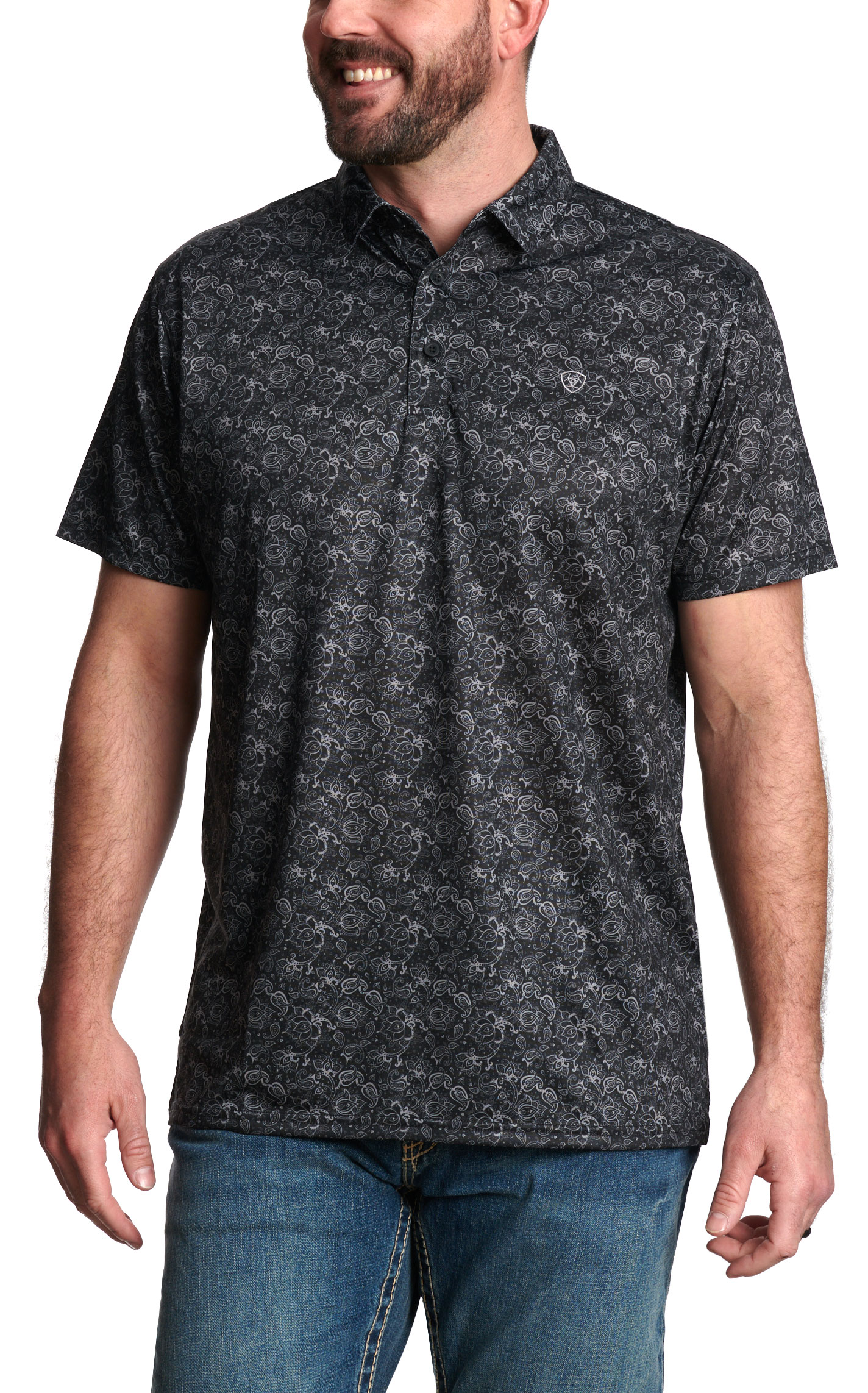 Ariat Men's Black & Gray Floral Paisley Polo Shirt - Image 1