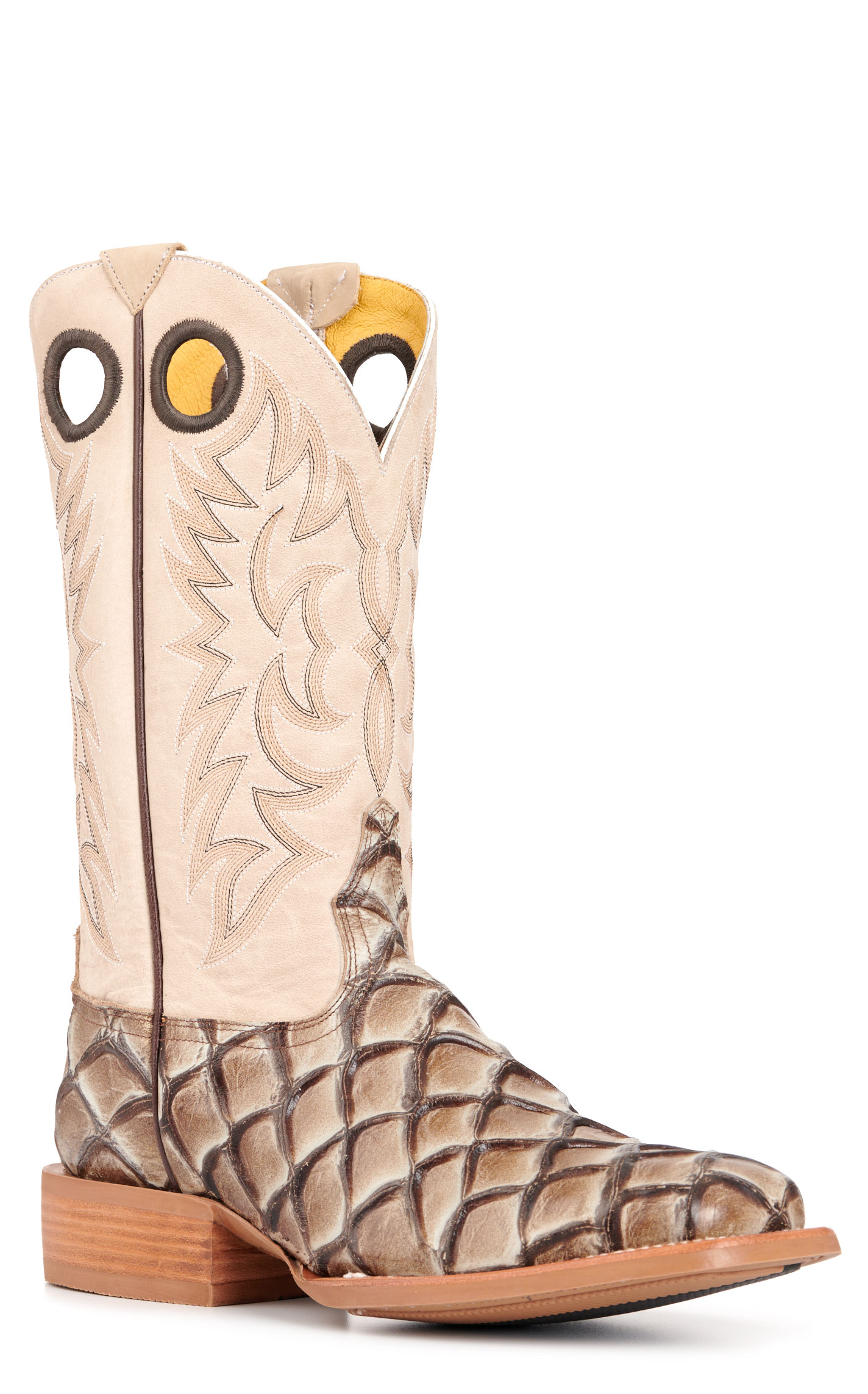 Cavender's Men's Intrepid Glazed Taupe and Light Gray Pirarucu Print Wide Square Toe Cowboy Boots - Image 1