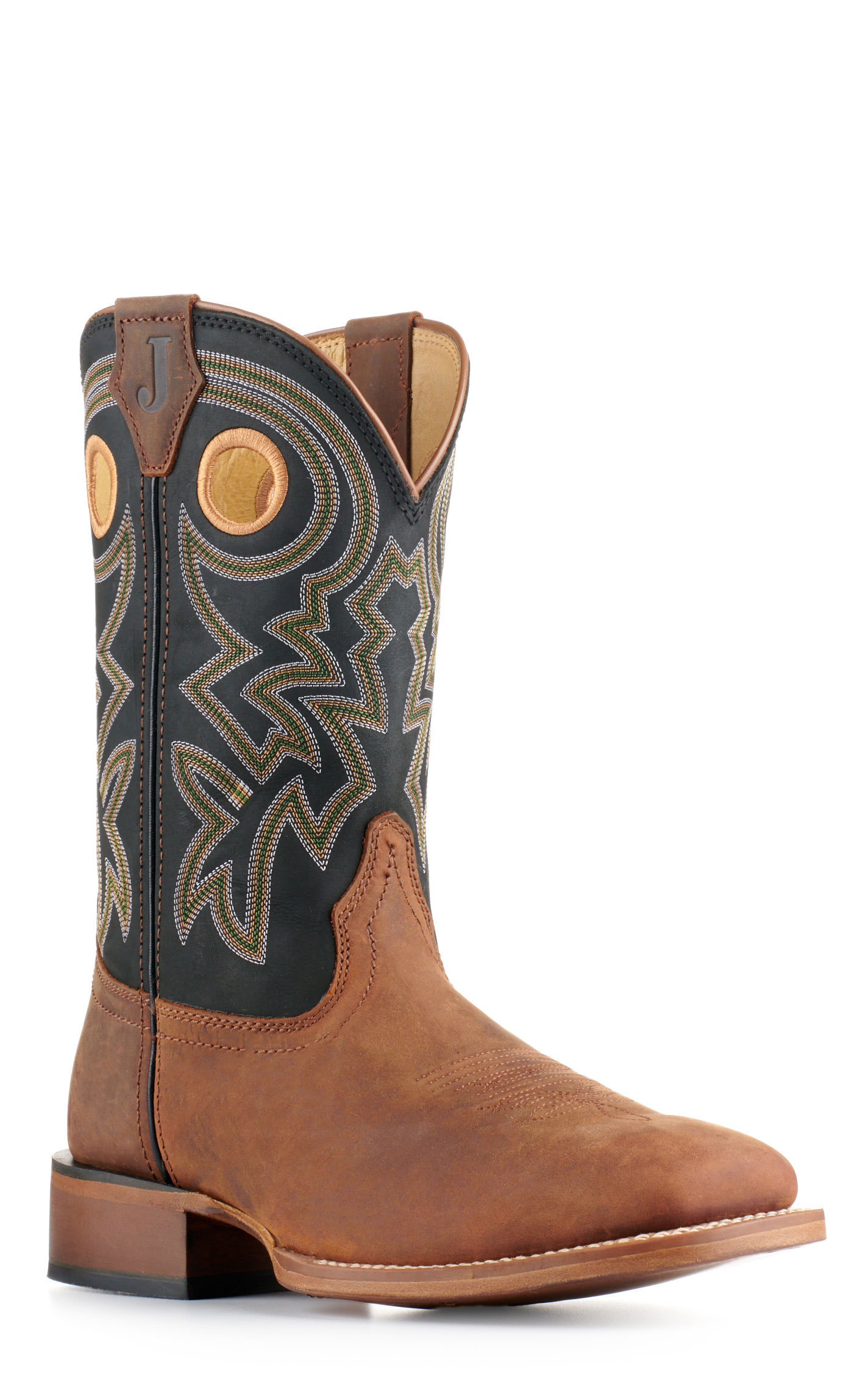 Justin Men's Frontier Tuf Black and Brown Wide Square Toe Cowboy Boots - Image 1