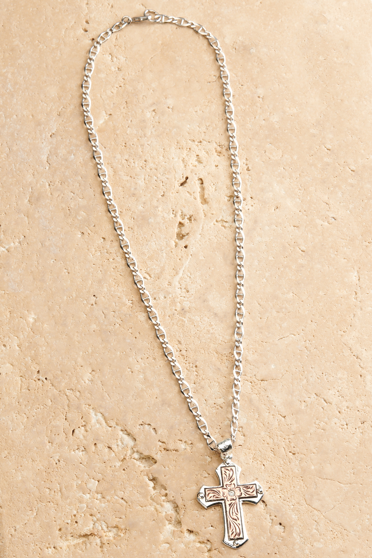 Silver Strike Men's Silver and Rose Gold Floral Engraved Cross Pendant Necklace - Image 1