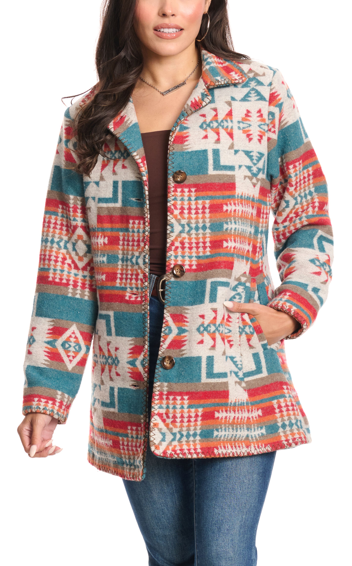 Rockin C Women's Turquoise Aztec Blanket Trench Coat - Image 1