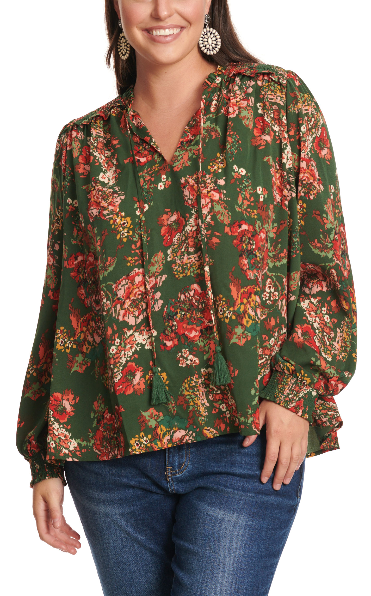 Umgee Women's Hunter Green Floral Print Tie Neck Top - Plus Sizes - Image 1