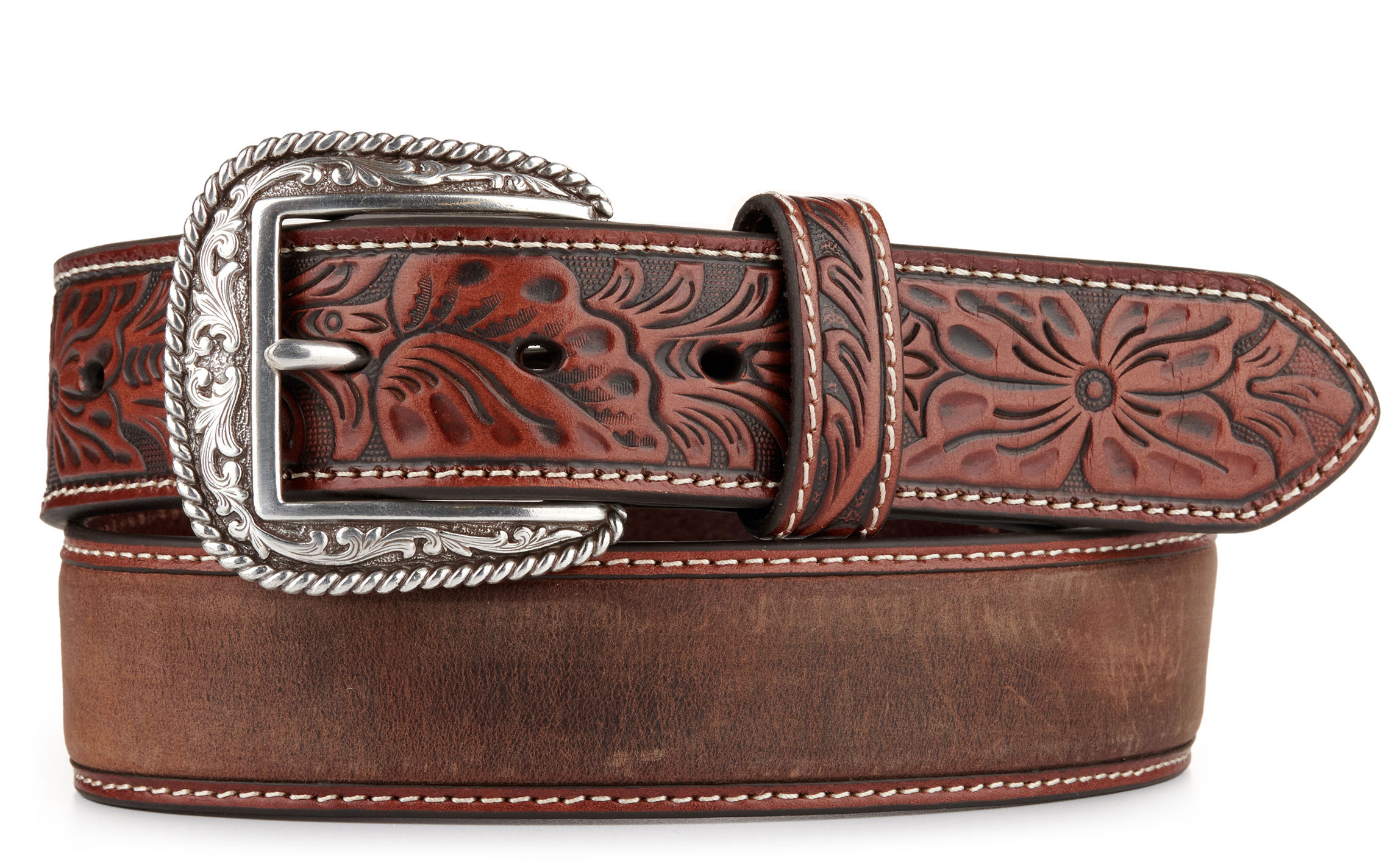 Ariat Men's Marble Brown Leather with Floral Tabs Western Belt - Image 1
