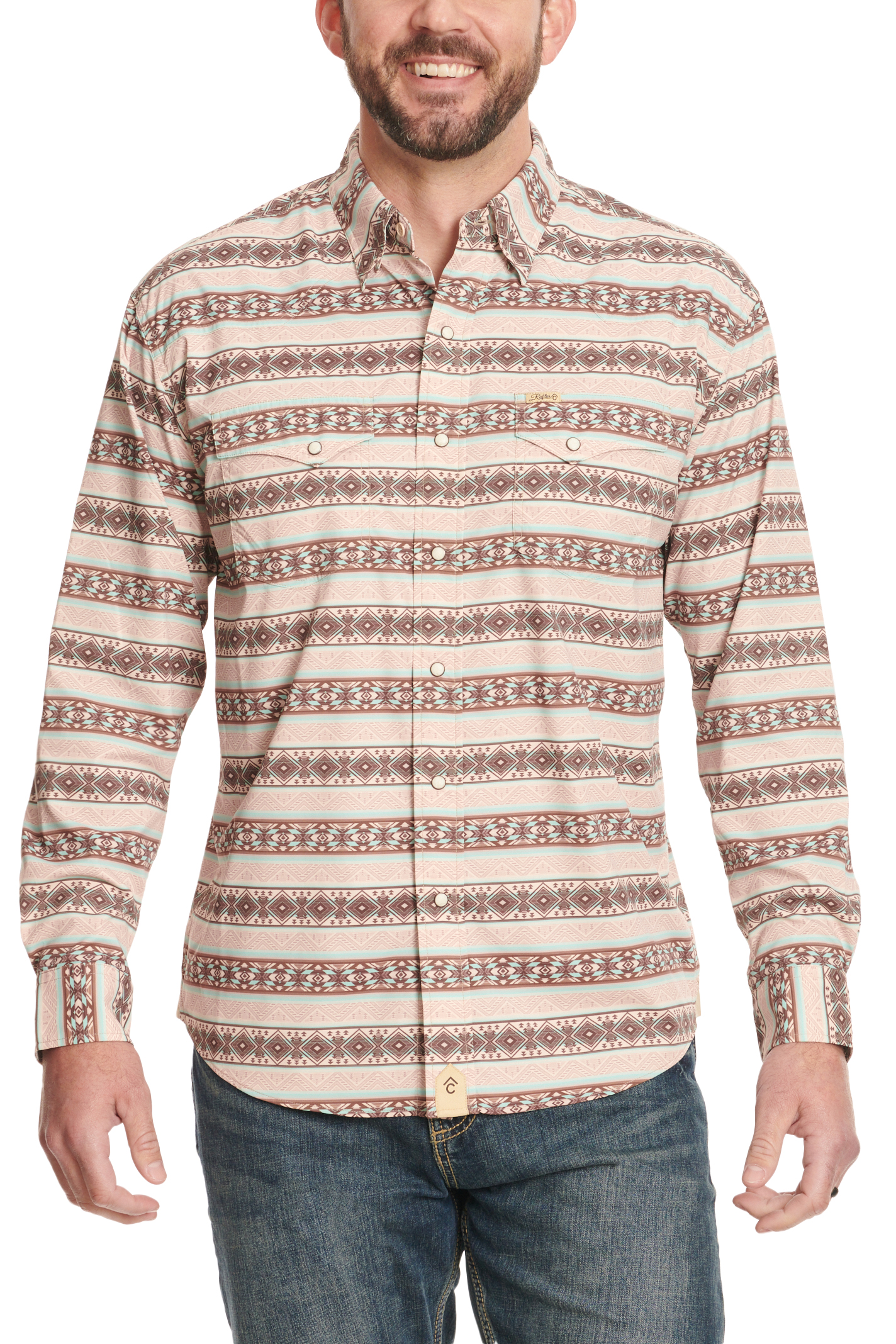 Rafter C Outdoors Men's Sand & Sea Green Aztec Print Fishing Shirt - Image 1