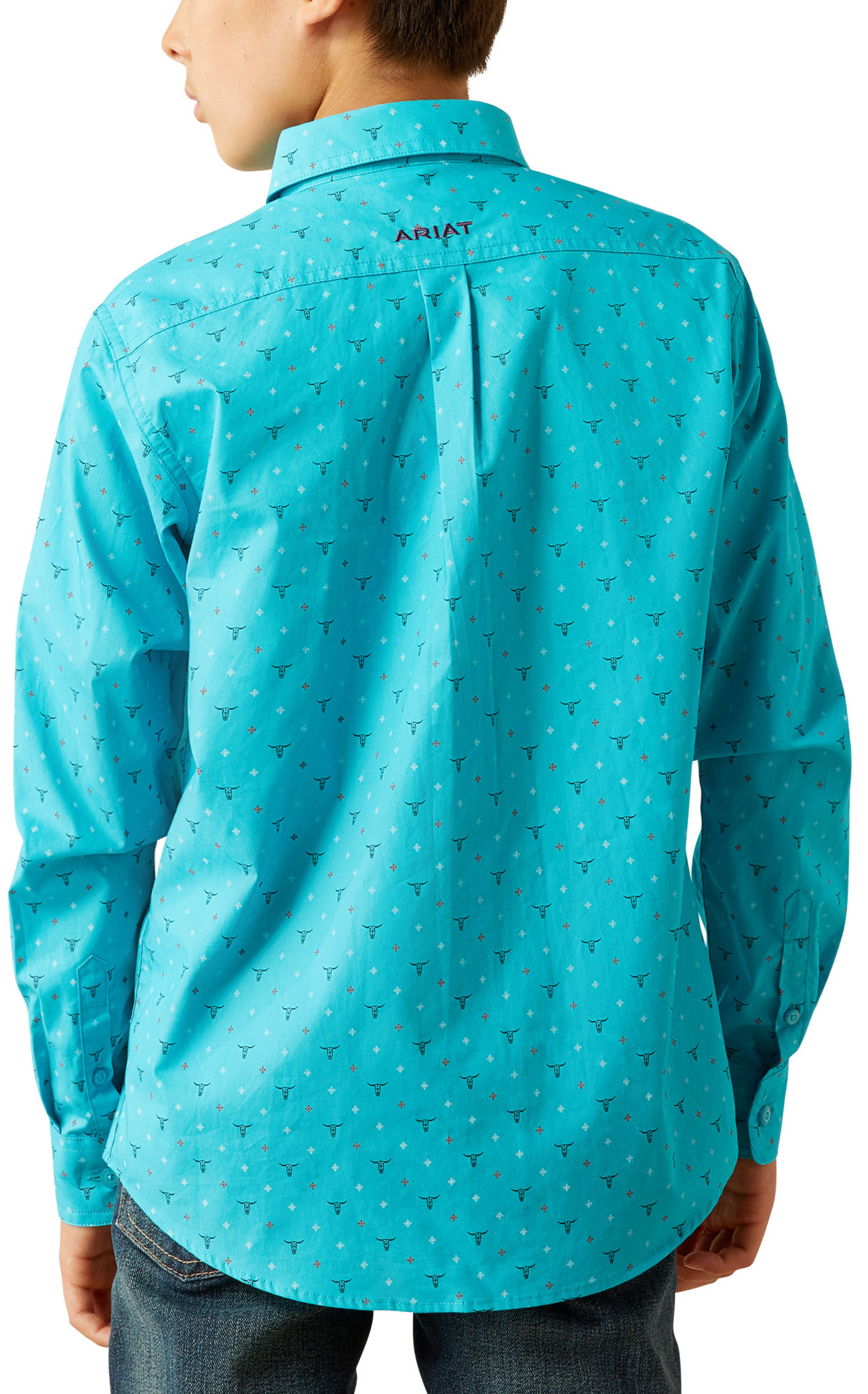 Ariat Boy's Willke Turquoise Longhorn Print Western Shirt - Image 1