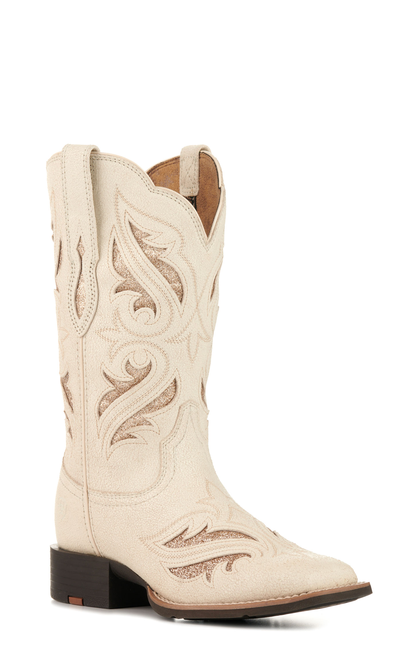Ariat Women's Round Up Bliss Distressed Ivory with Gold Glitter Wide Square Toe Cowboy Boots - Image 1