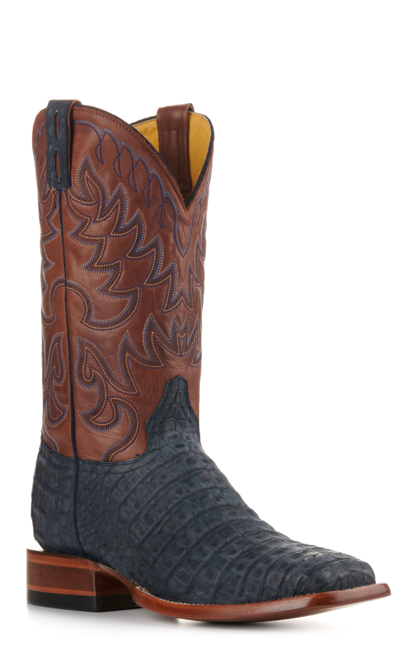 Cavender's Men's Brown and Blue Sueded Caiman Wide Square Toe Exotic Cowboy Boots - Image 1