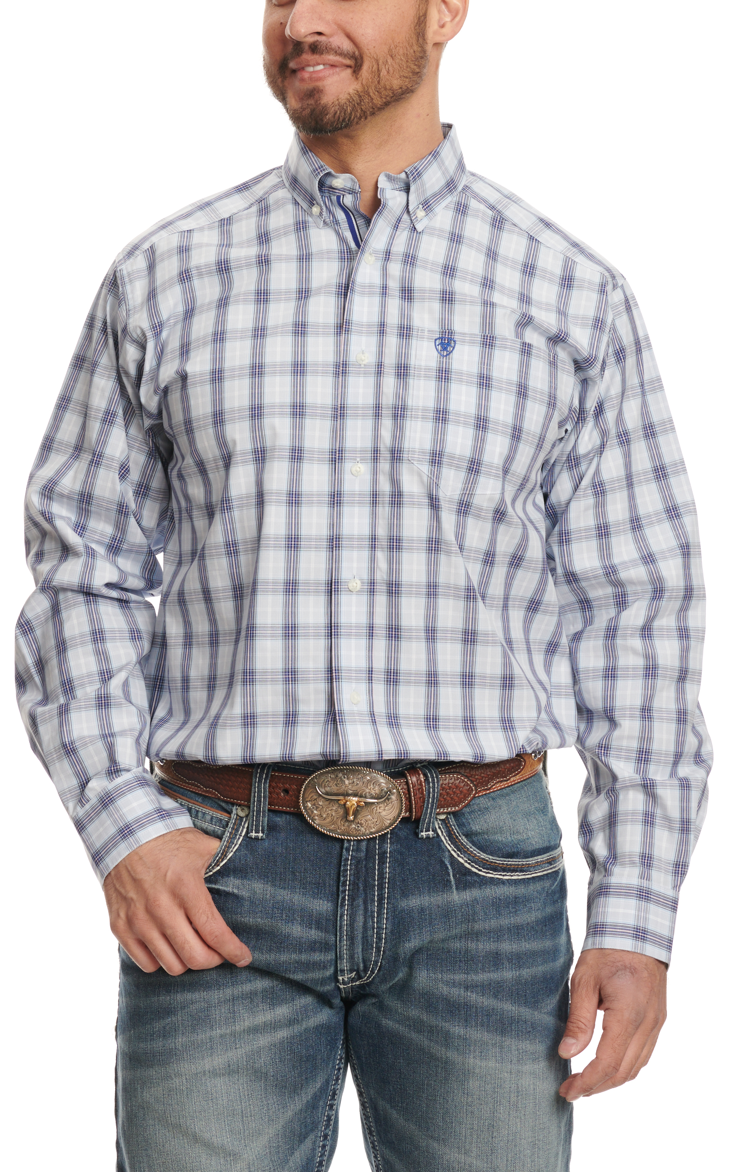 Ariat Pro Series Men's River Navy Plaid Western Shirt - Image 1