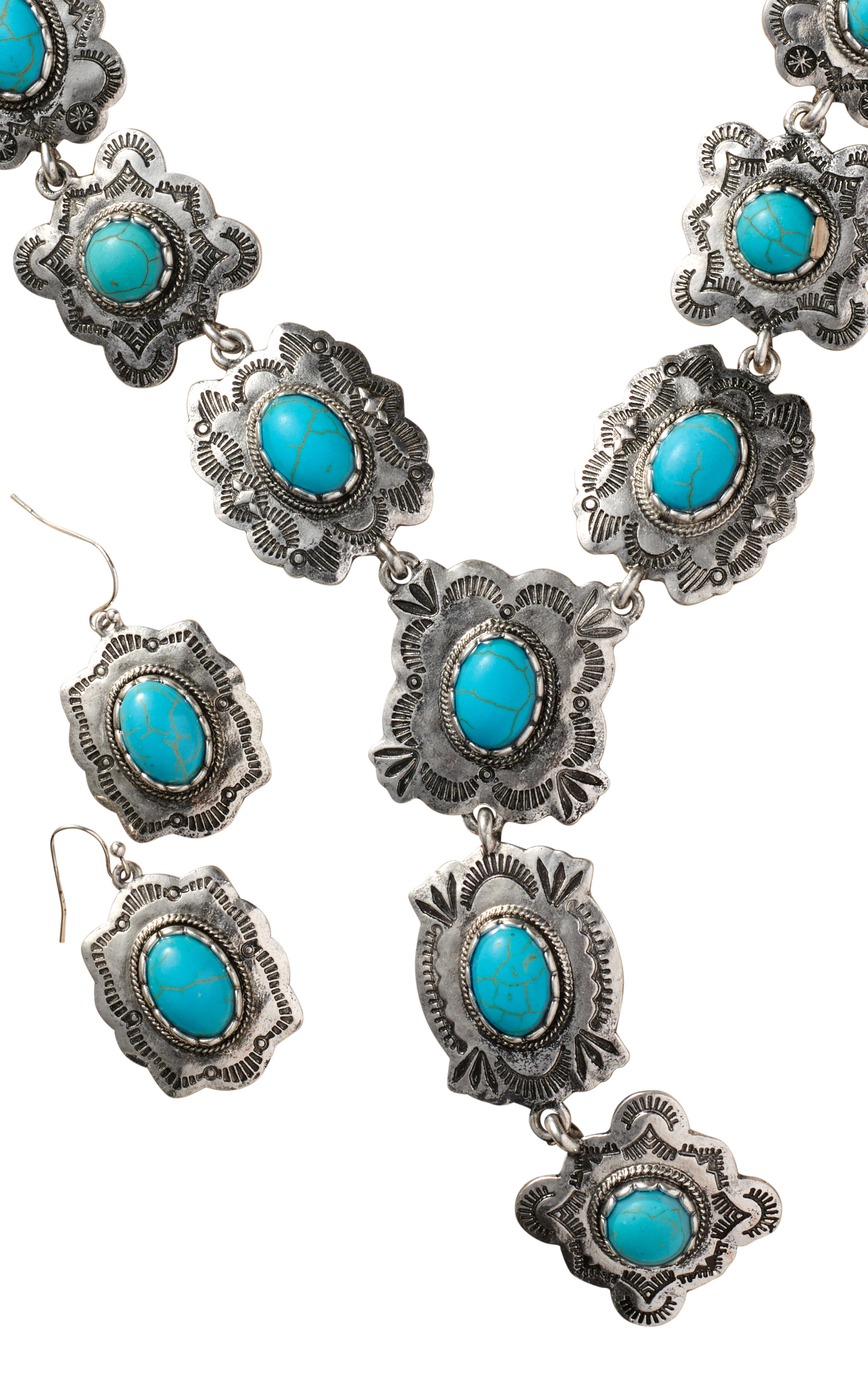 806 by Pink Panache Silver & Turquoise Etched Conchos Jewelry Set - Image 1