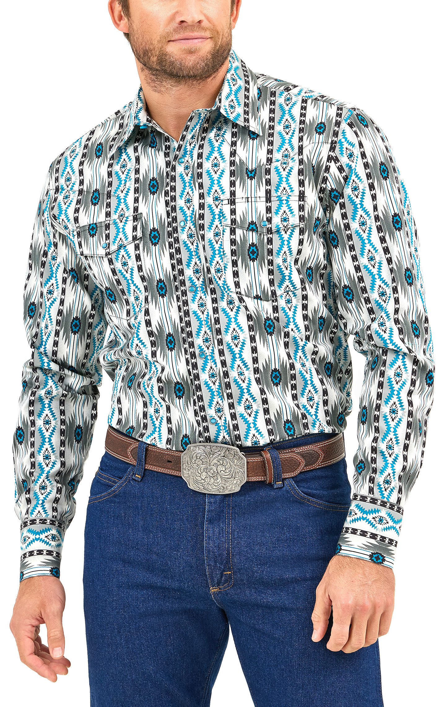 Wrangler Men's Checotah Black & Turquoise Aztec Western Shirt - Image 1