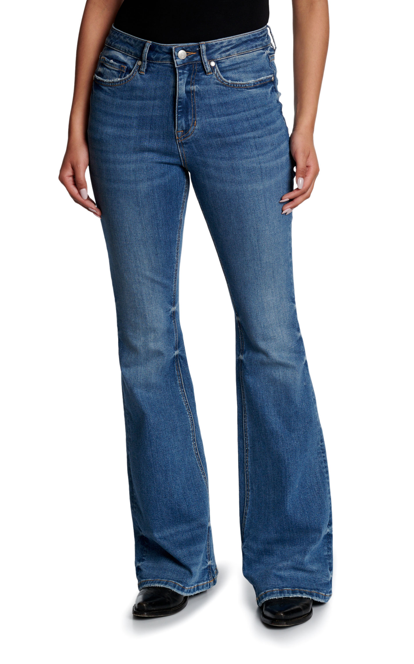 Rockin' C Women's Dark Wash High Rise Whisker Knee & Hem Flare Jeans - Image 1