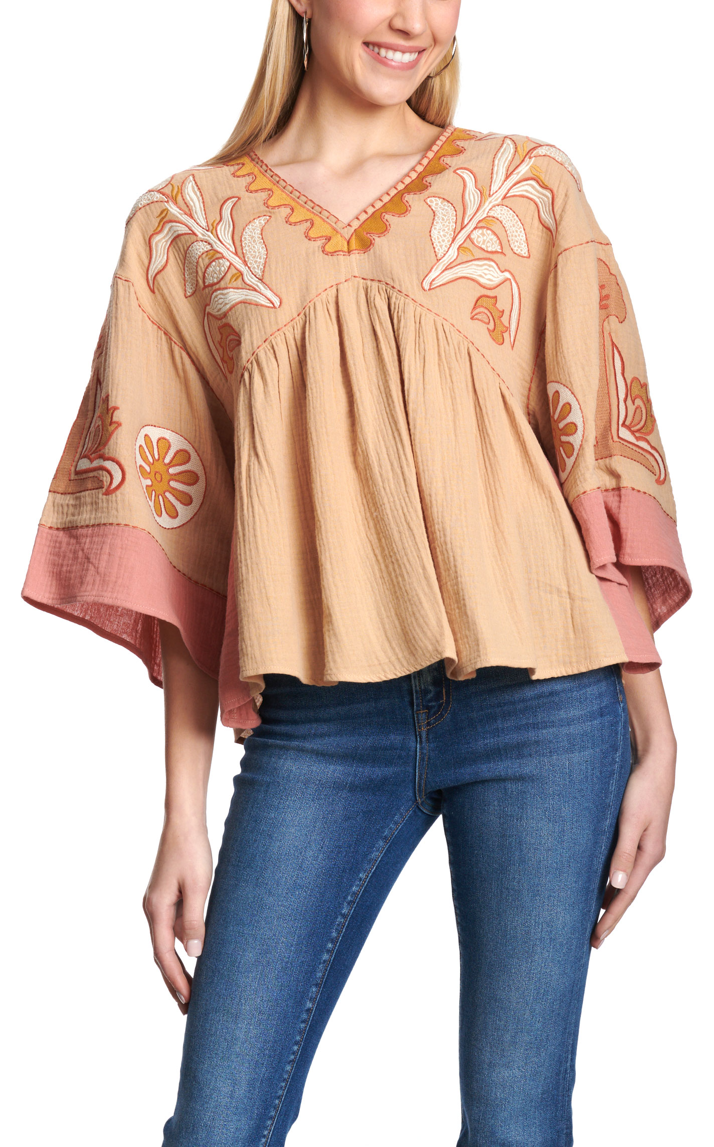 EASEL Women's Khaki & Rose Embroidered Kimono Style Top - Image 1