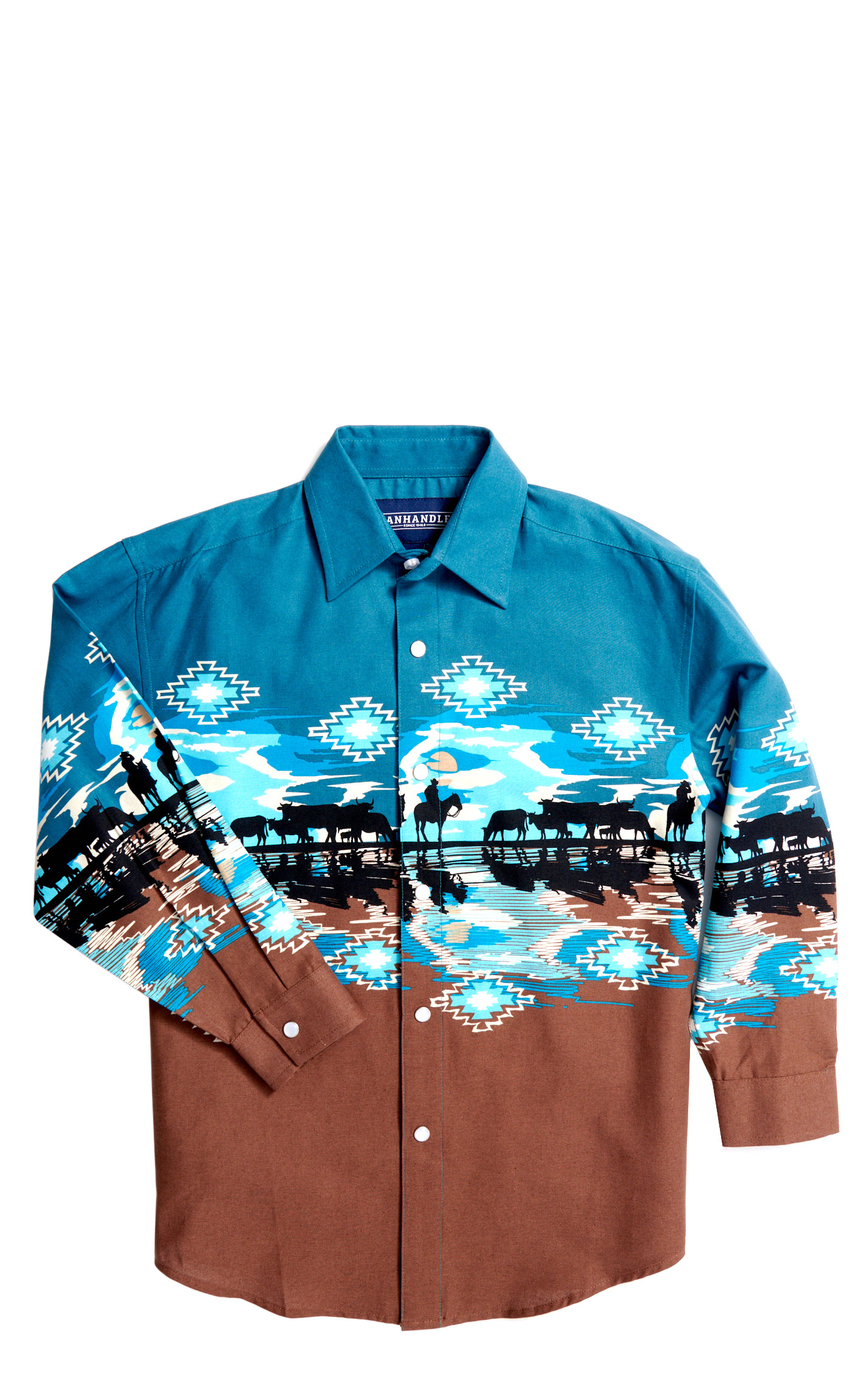 Panhandle Boy's Teal & Chocolate Silhouette Aztec Western Shirt - Image 1