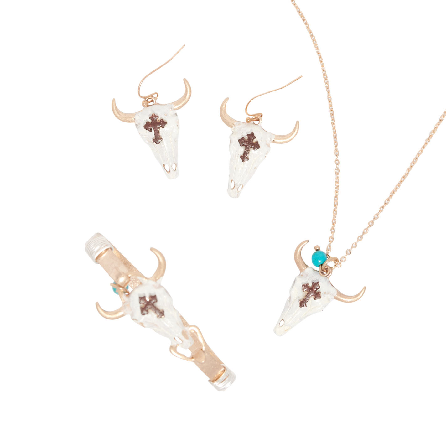 Blazin Roxx Golden Steer Head & Cross 3-Piece Jewelry Set - Image 1