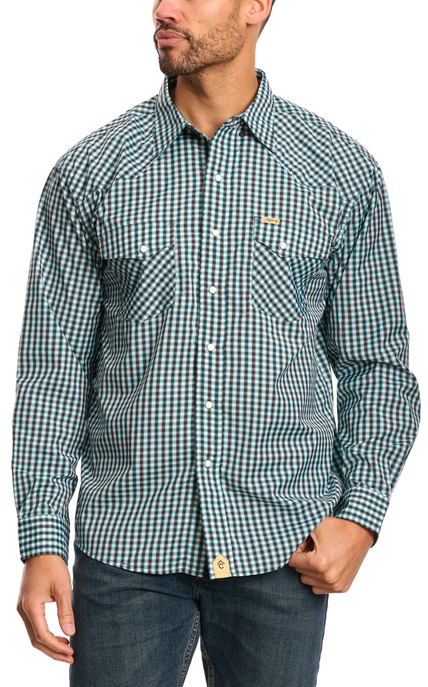 Rafter C Men's Turquoise & Chocolate Plaid Western Shirt - Image 1