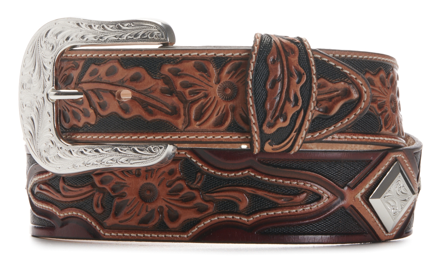 Tony Lama Men's Brown with Silver Metal Diamond Conchos Western Belt - Image 1