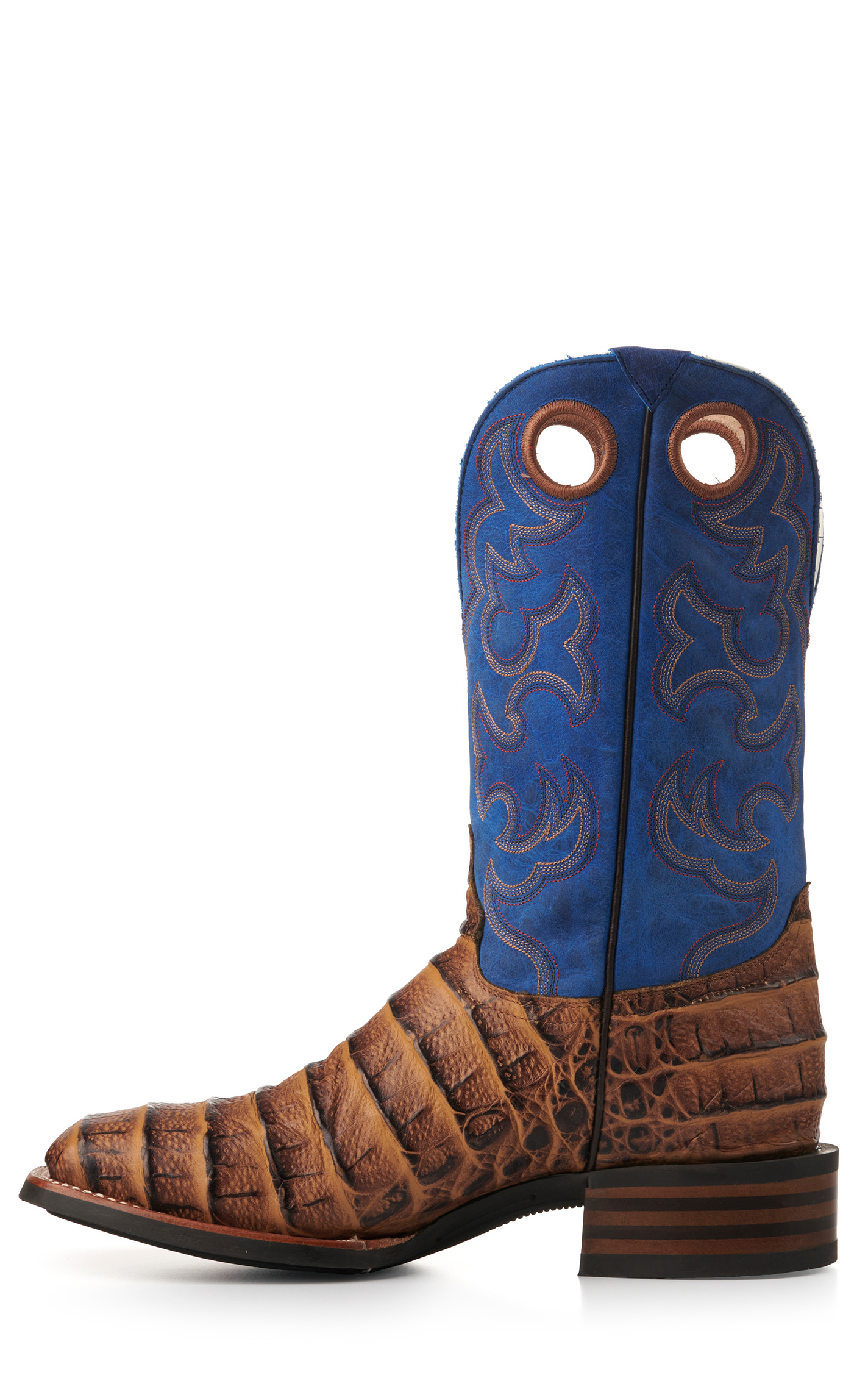 Cavender's Men's Intrepid Honey Giant Caiman Print and Blue Wide Square Toe Cowboy Boots - Image 1