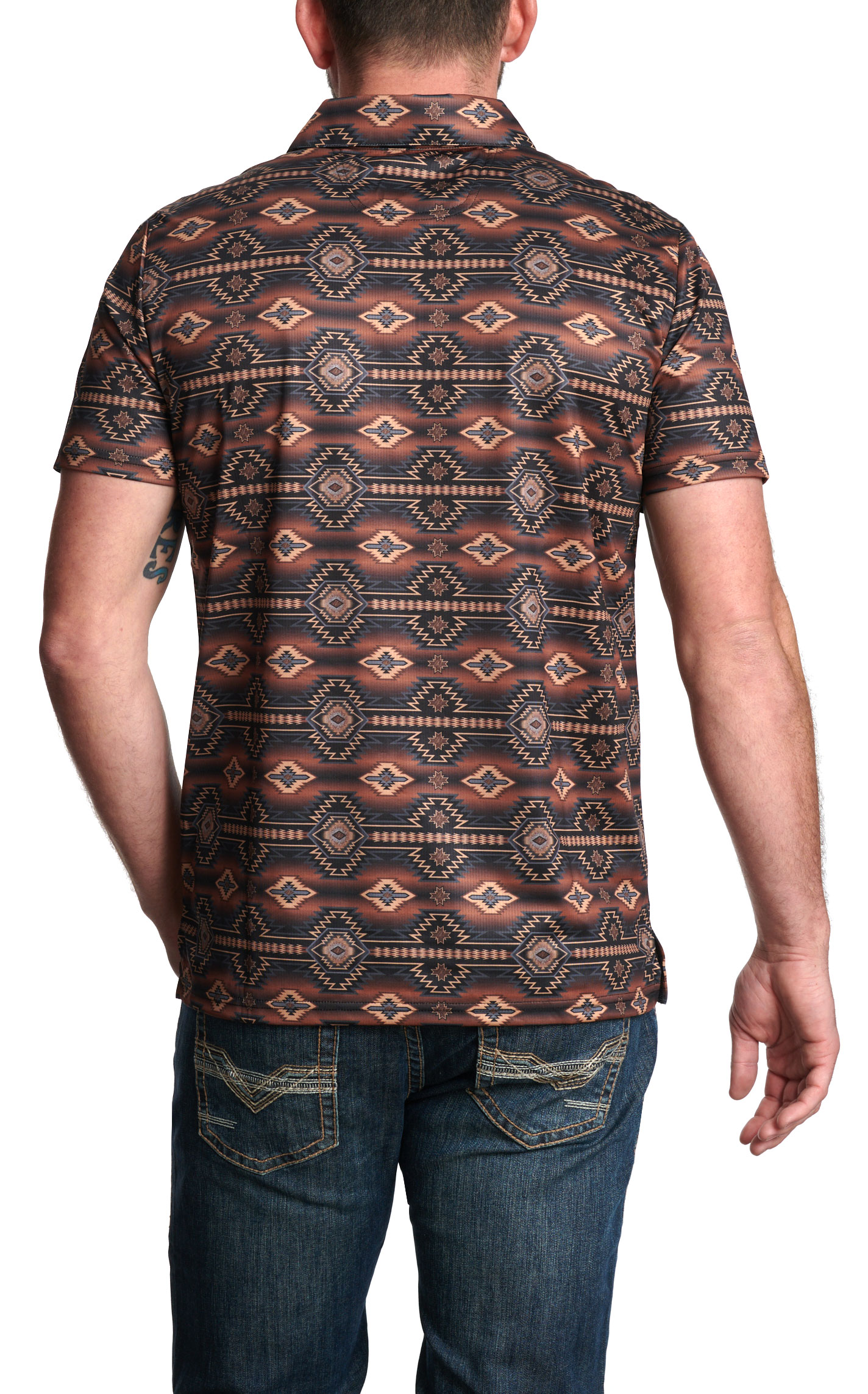Rock & Roll Denim Men's Dark Coffee Aztec Print Polo - Image 1