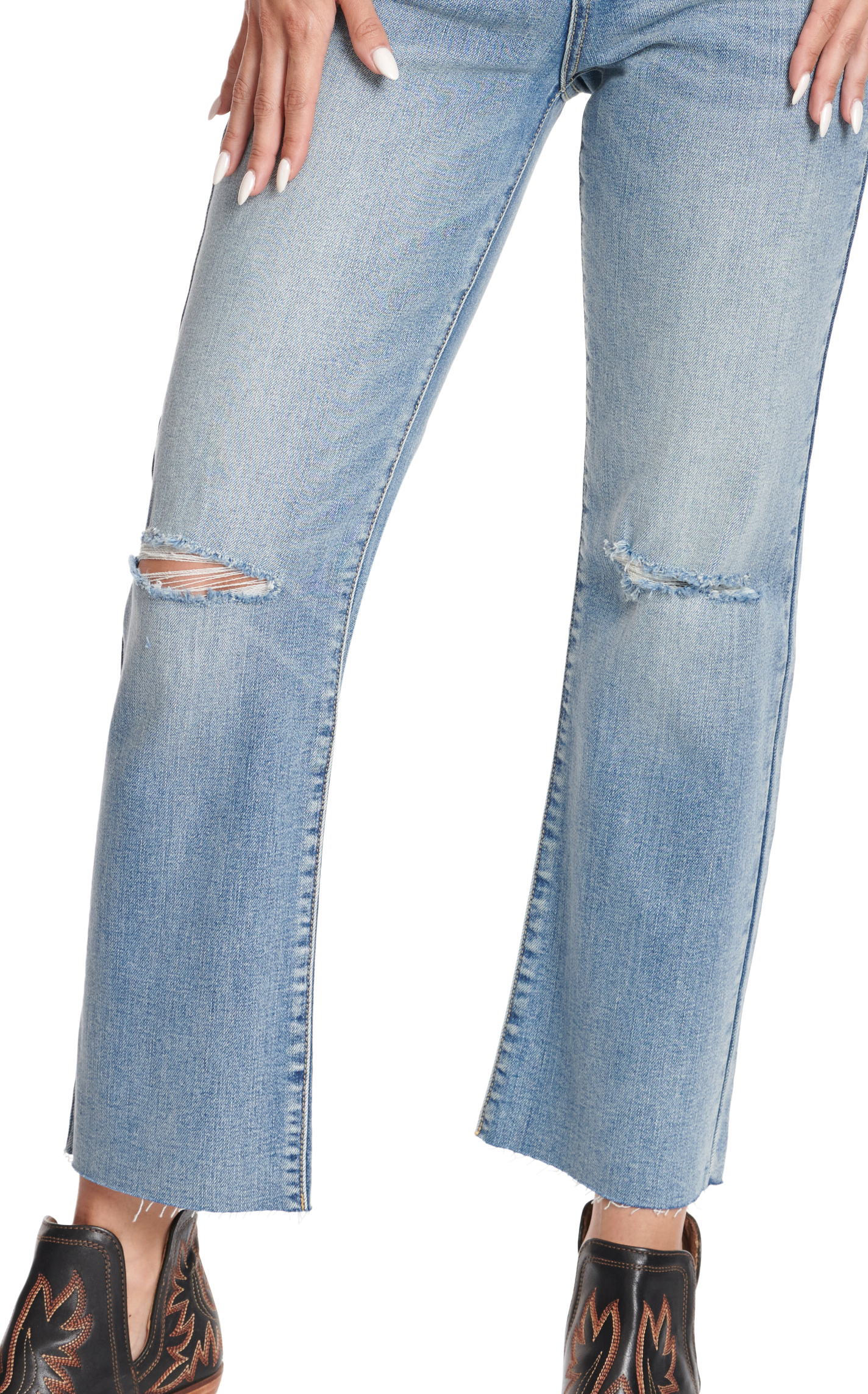 Sneak Peek Women's Light Wash High Rise Straight Leg Distressed Knee Jeans - Image 1