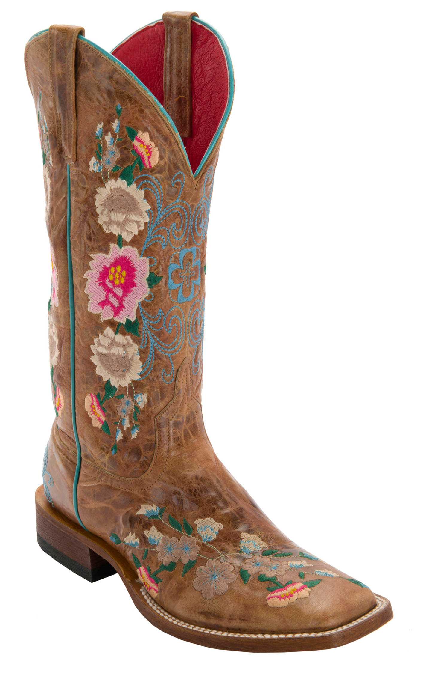 Anderson Bean Women's Macie Bean Antiqued Honey Brown with Rose Garden Embroidery Square Toe Cowboy Boots - Image 1