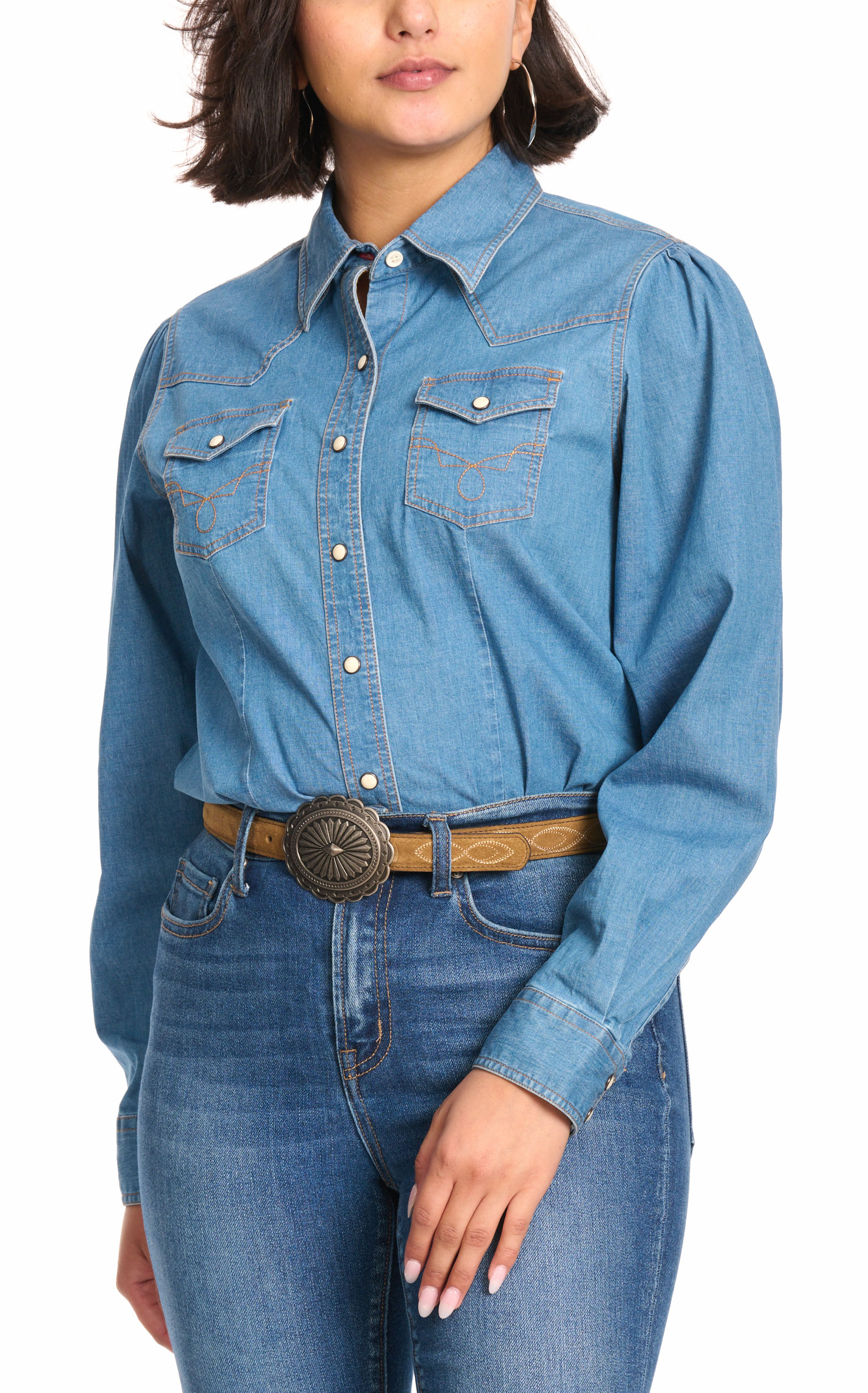 Rockin C Women's Light Wash Denim Western Shirt - Image 1