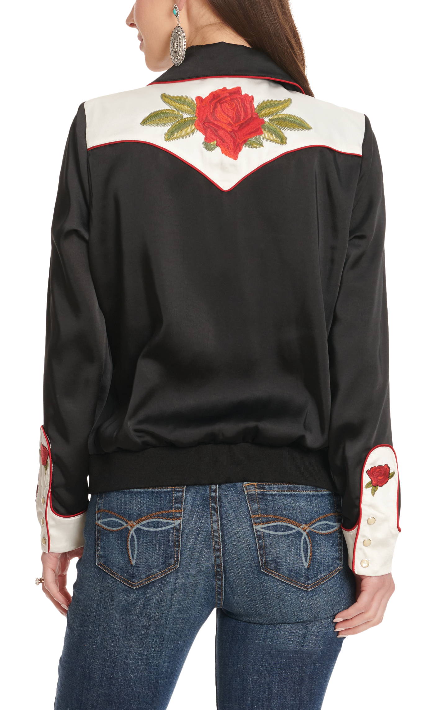 Ariat x Rodeo Quincy Women's Black & White Embroidered Red Roses Bomber Jacket - Image 1