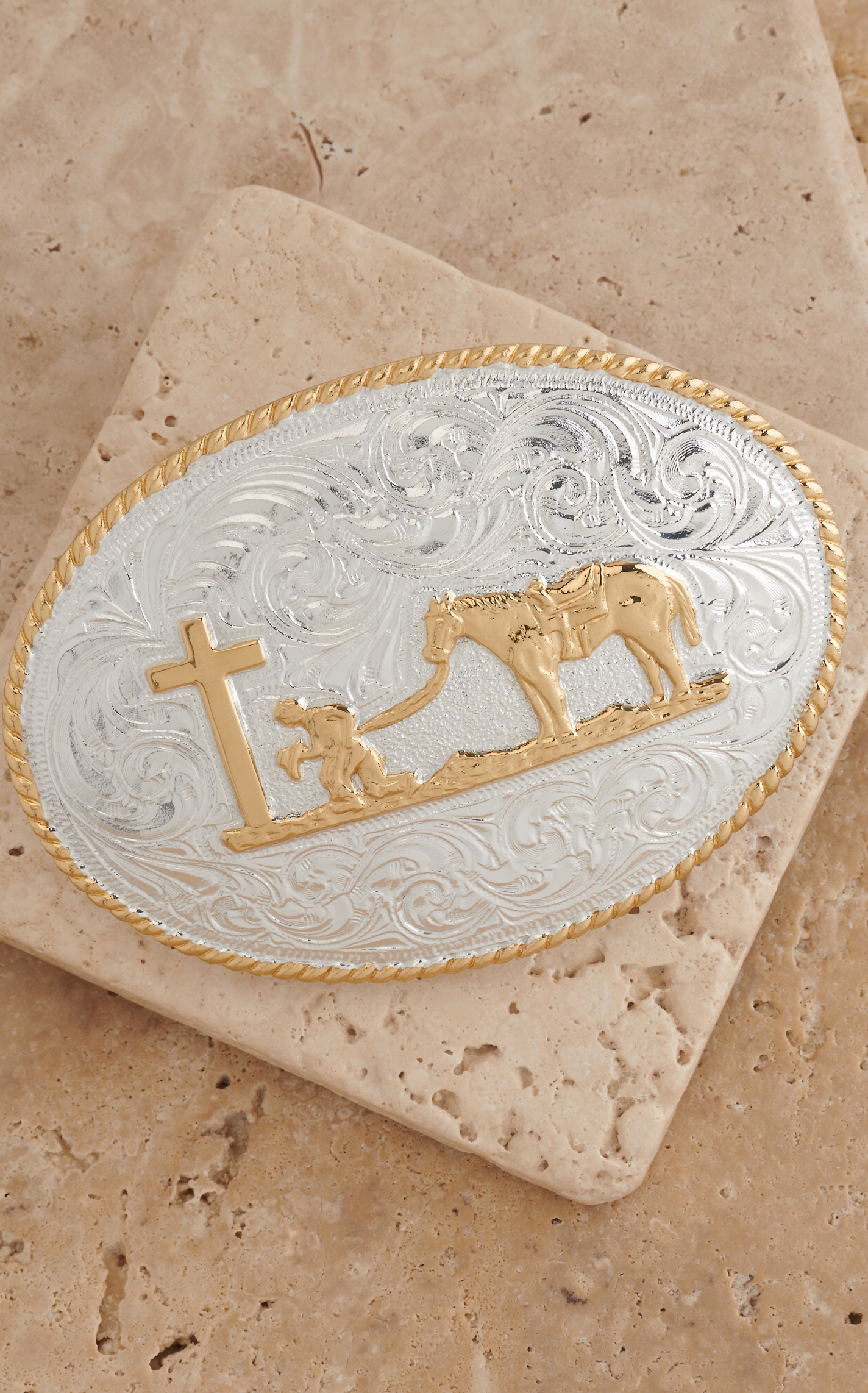 Crumrine Silver & Gold Praying Cowboy Oval Belt Buckle - Image 1