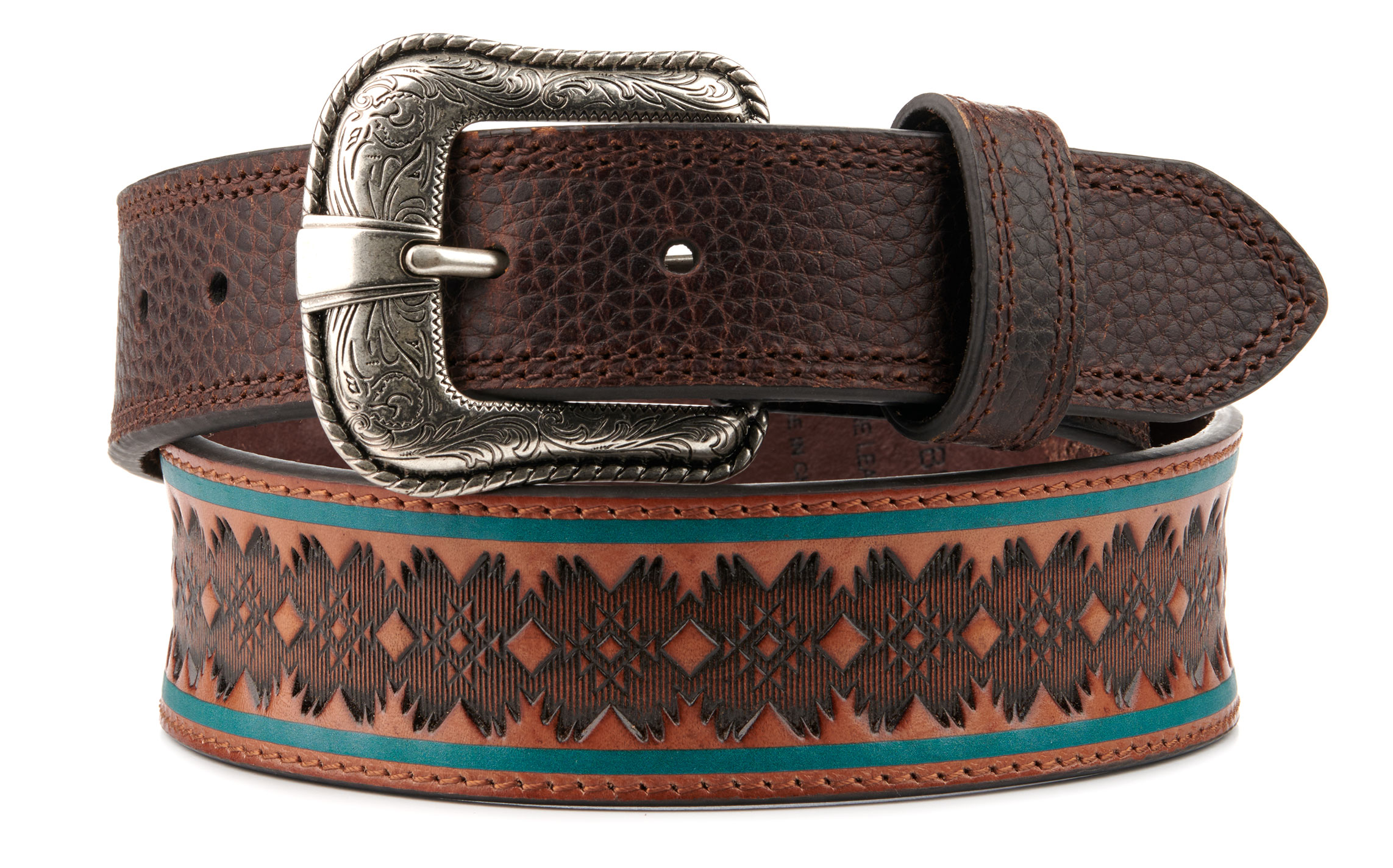 JP West Men's Brown Genuine Leather & Turquoise Aztec Tooled Western Belt - Image 1