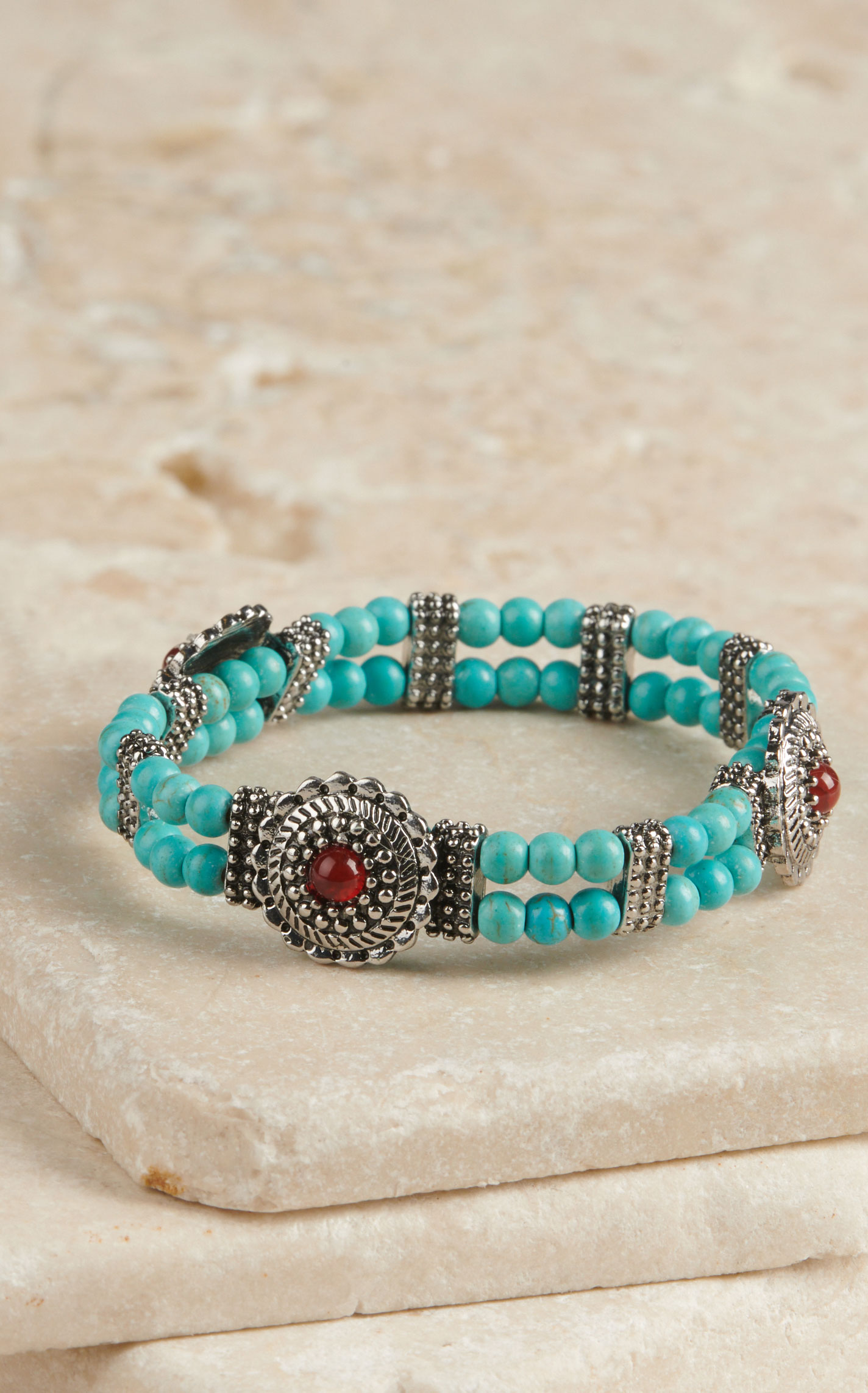 Cowgirl Confetti Turquoise and Silver Stretch Double Strand with Orange-Center Concho Bracelet - Image 1