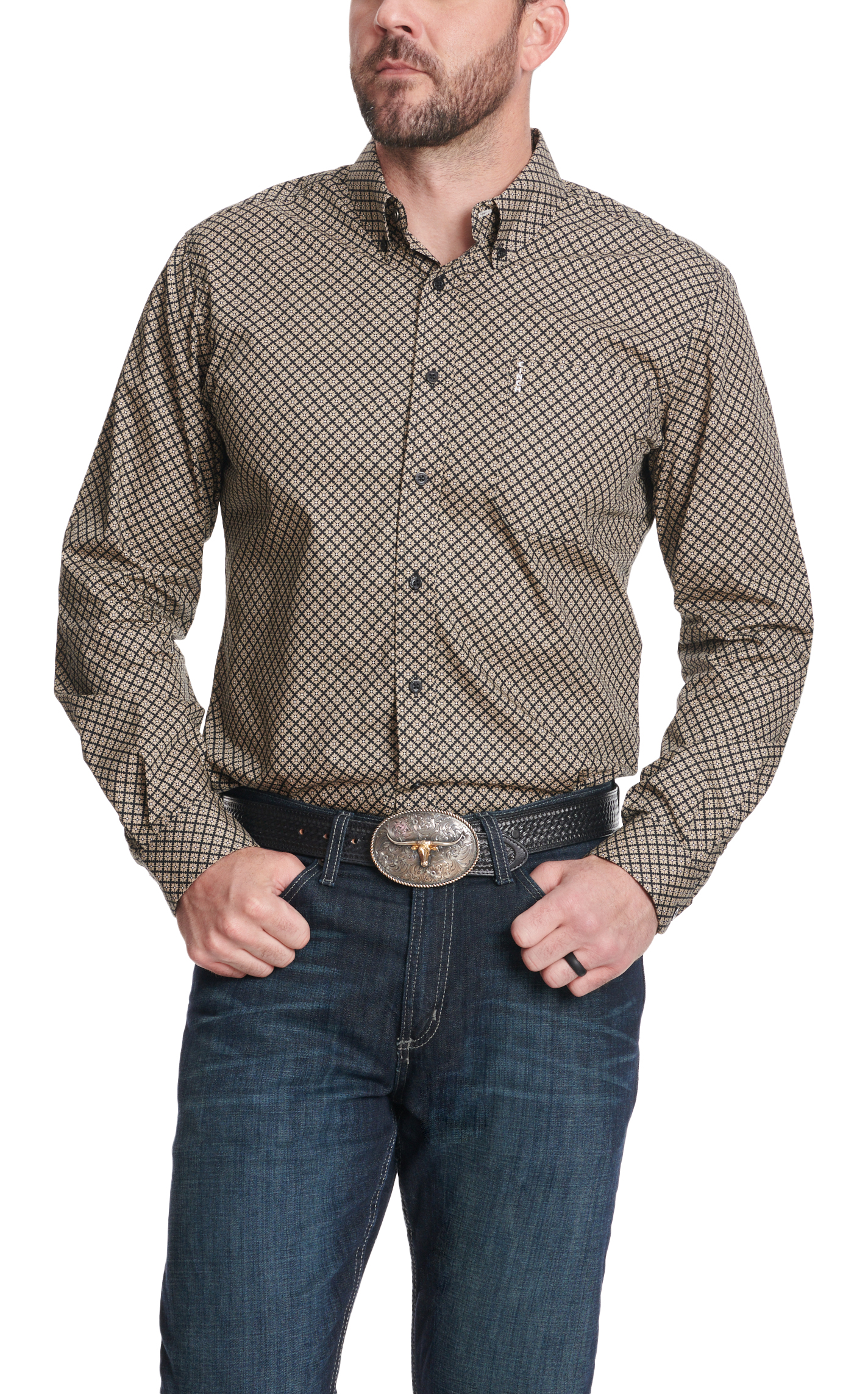 Cinch Men's Black & Taupe Floral Geo Print Western Shirt - Image 1