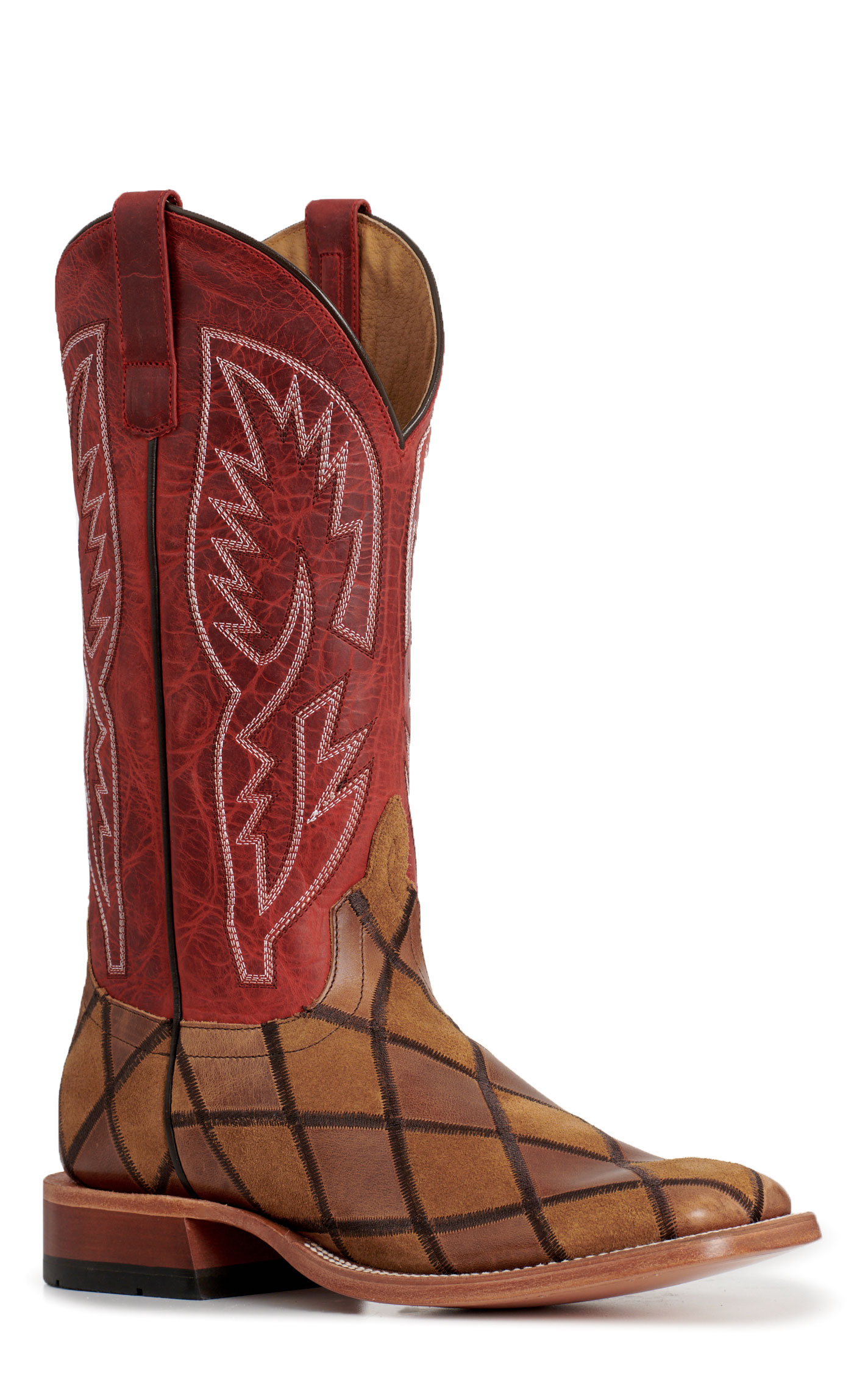 Anderson Bean Men's Horsepower Brown Suede Patchwork & Red Square Toe Cowboy Boots - Image 1