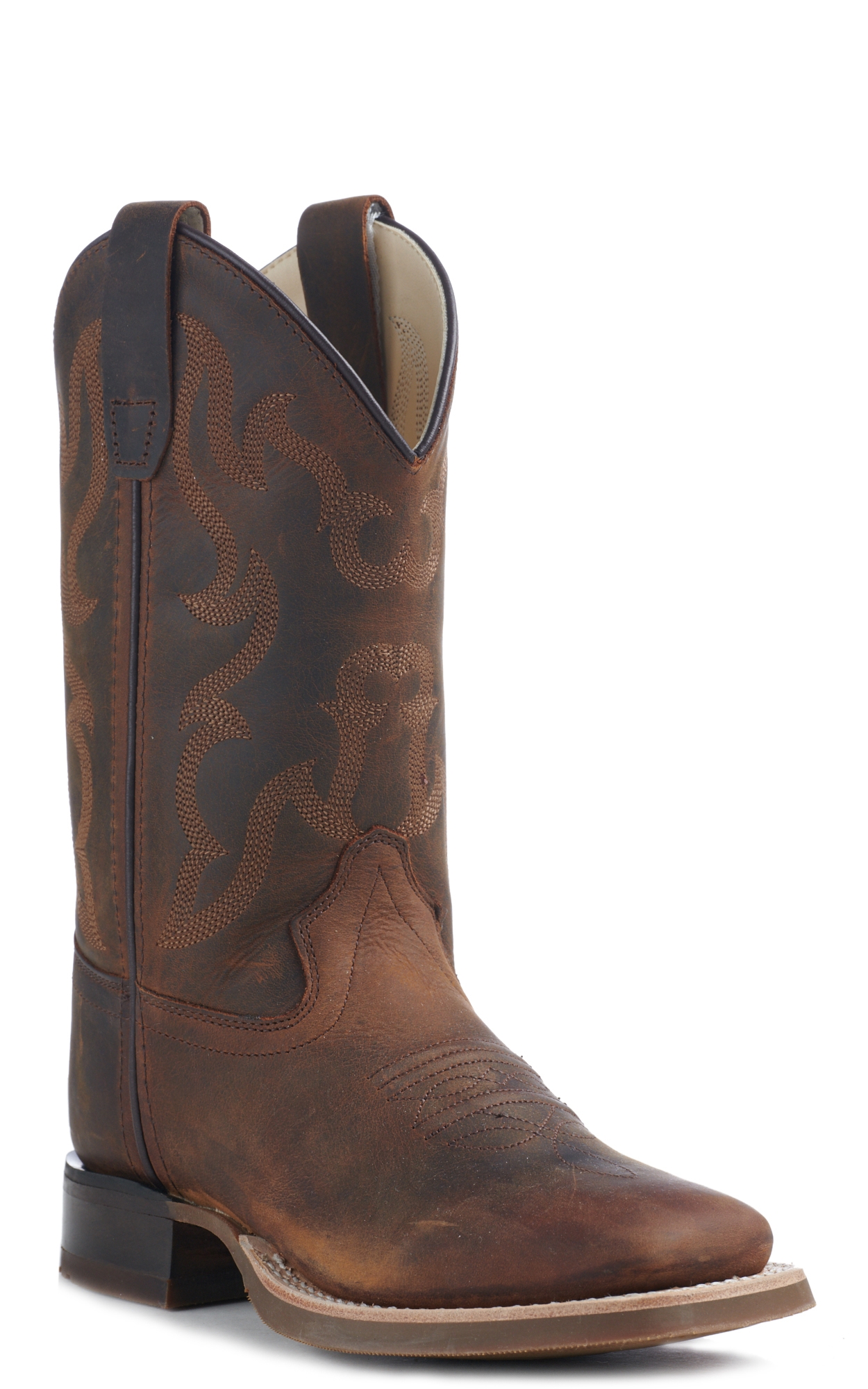 Old West Kids Distressed Brown Square Toe Boots - Image 1