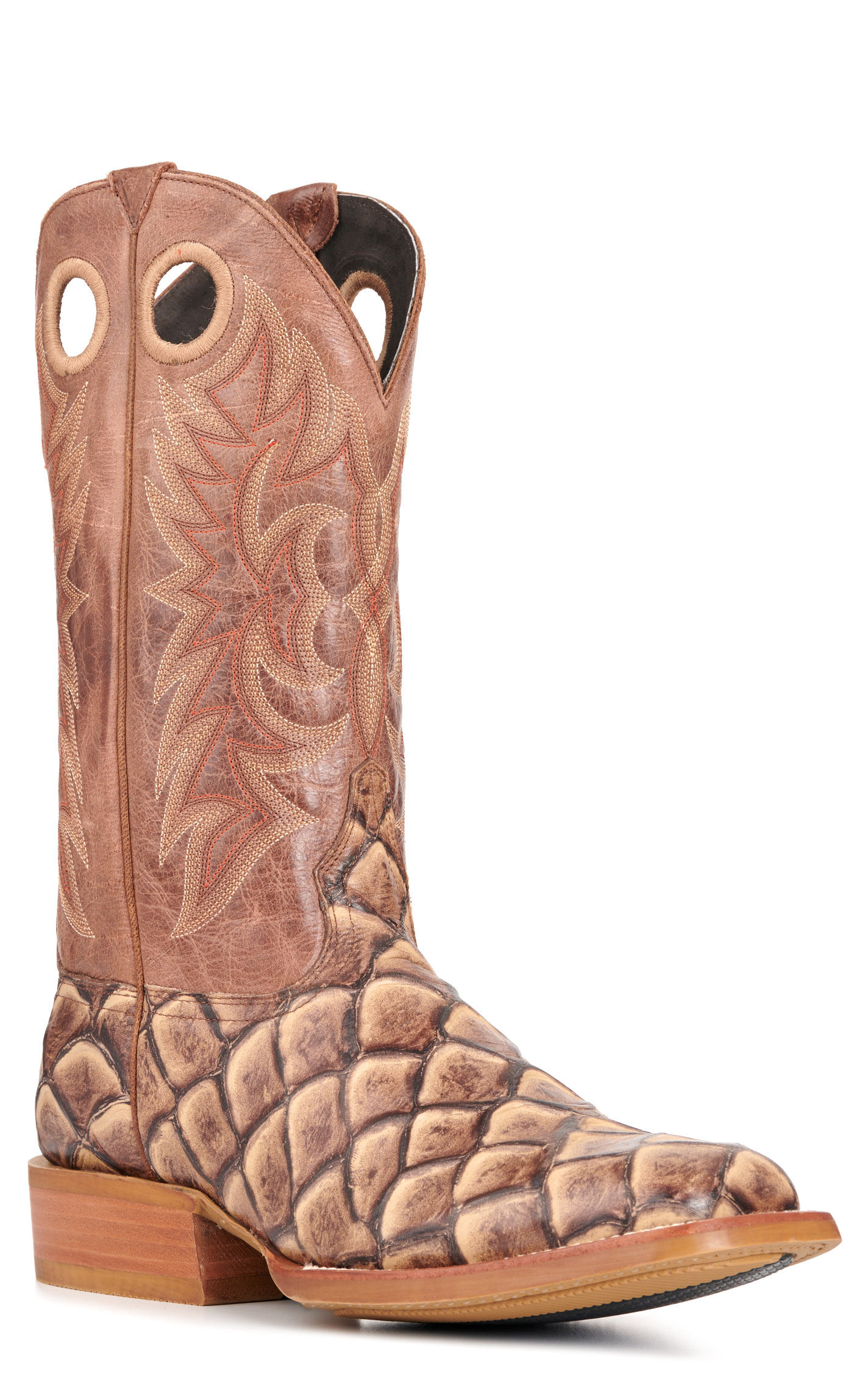 Cavender's Men's Intrepid Cognac and Sand Pirarucu Print Wide Square Toe Cowboy Boots - Image 1