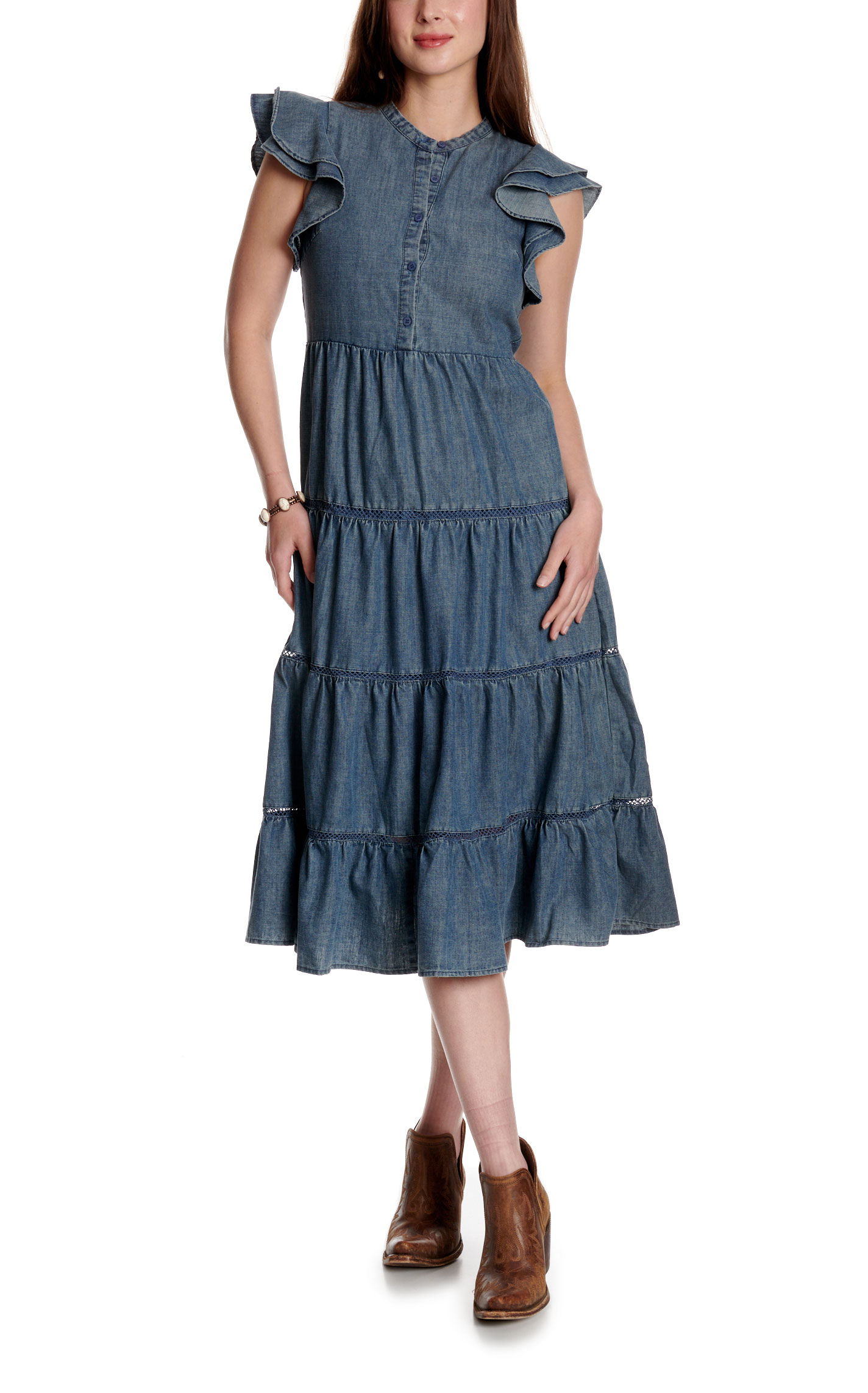 TCEC Women's Medium Wash Tiered Denim Dress  - Image 1