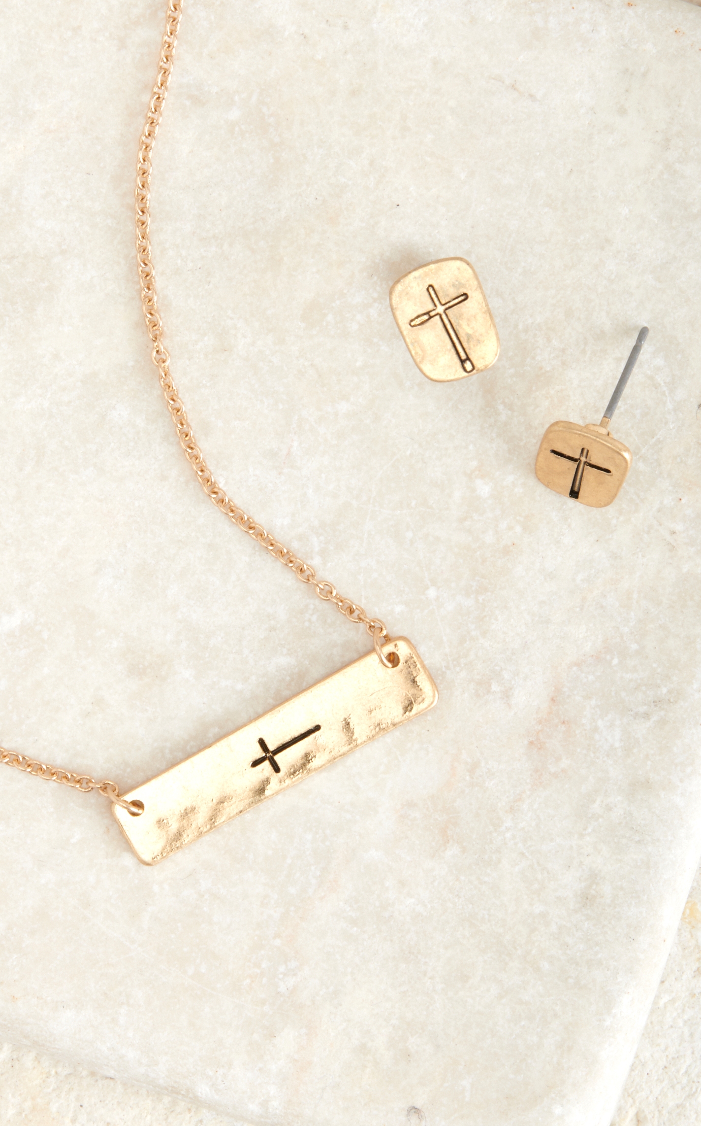 Blazin Roxx Gold Stamped Cross Necklace and Earring Set - Image 1