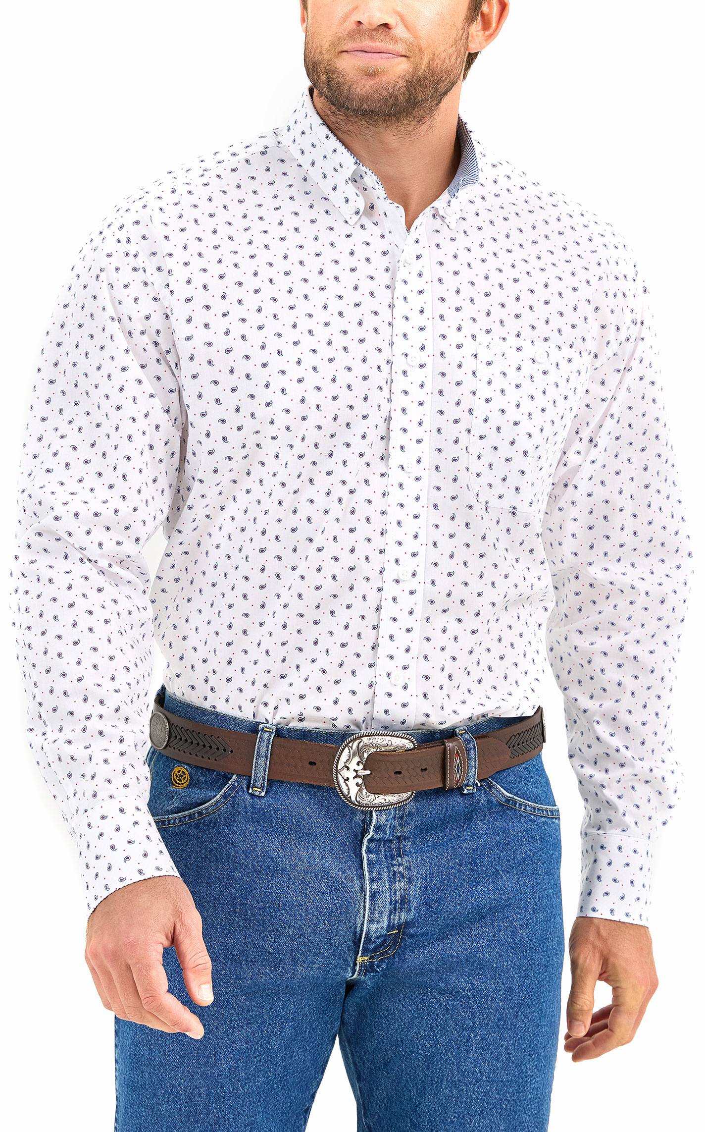 Wrangler Men's George Strait Collection White & Blue Mini Paisley Western Shirt - Image 1